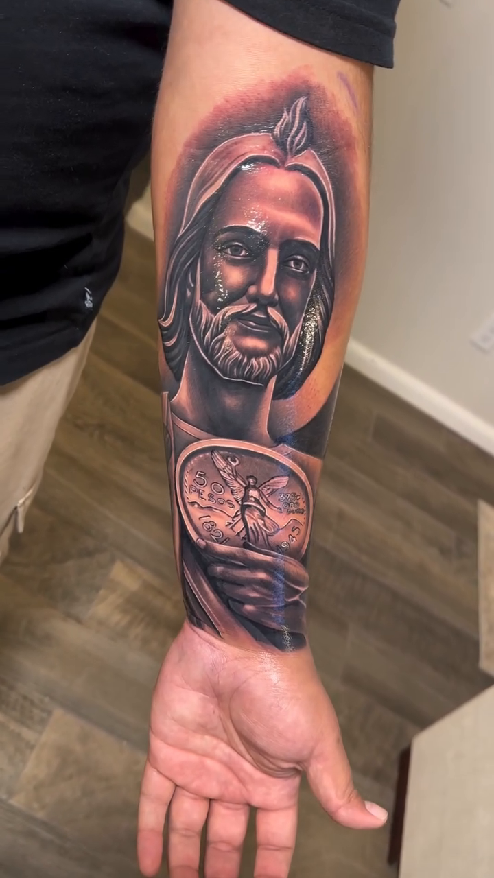 Jesus portrait with clockwork elements realism tattoo by Joshua ramirez, Montebello, California