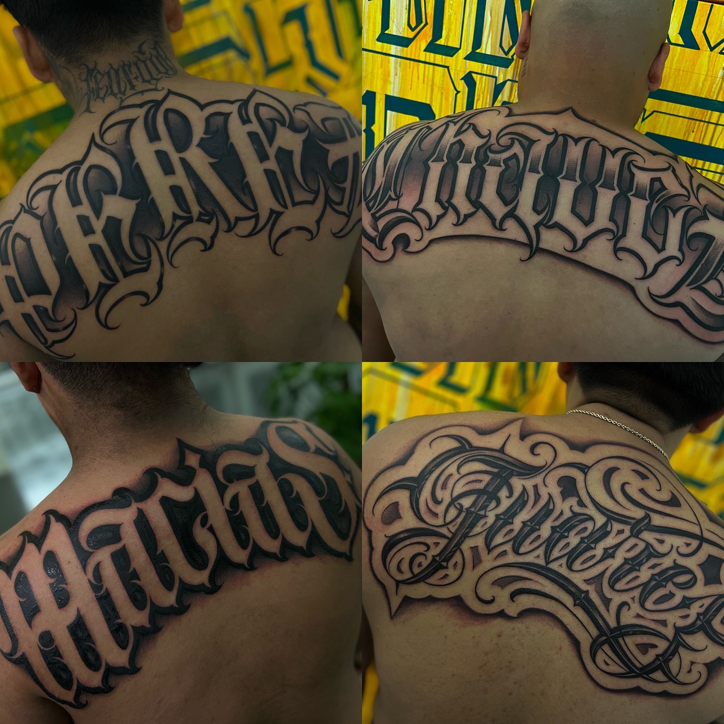 Script lettering lettering script tattoo on the shoulder by Aleckzi Ramos