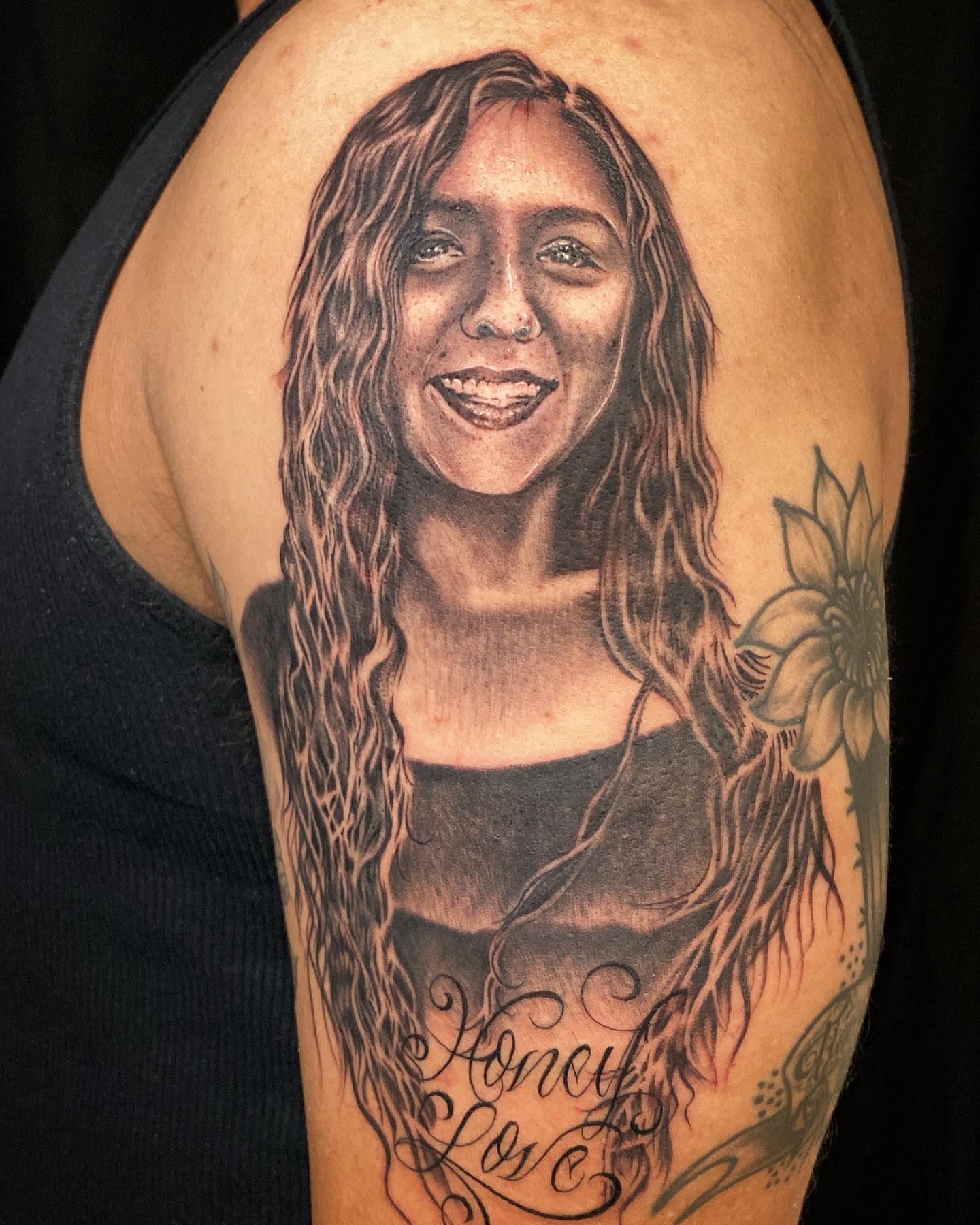 Portrait of a woman realism tattoo on the shoulder by El Pato, San Jose, California