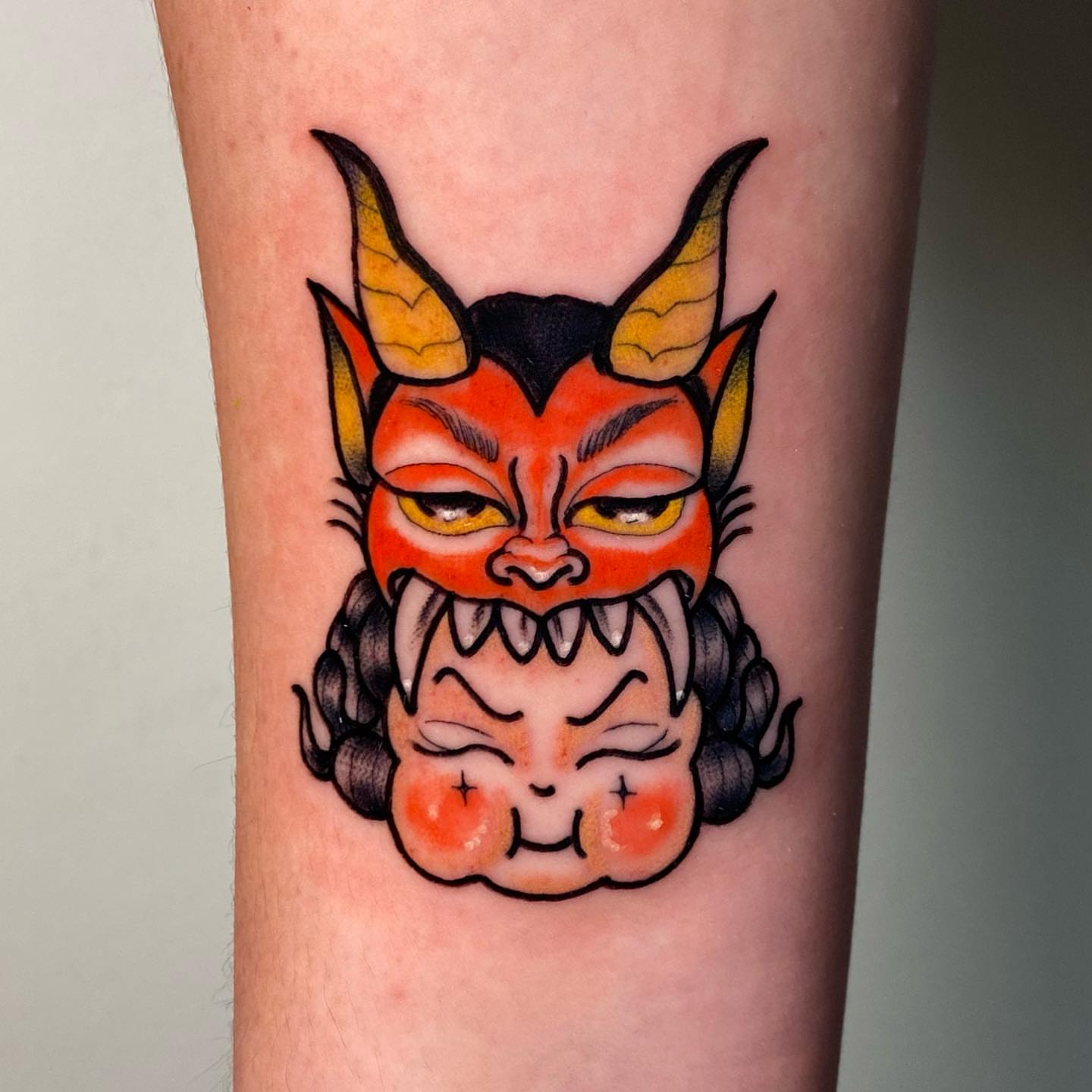 Demon mask American traditional tattoo on the forearm by ✶ 𝑺𝑰𝑳𝑽𝑨𝑵𝑨