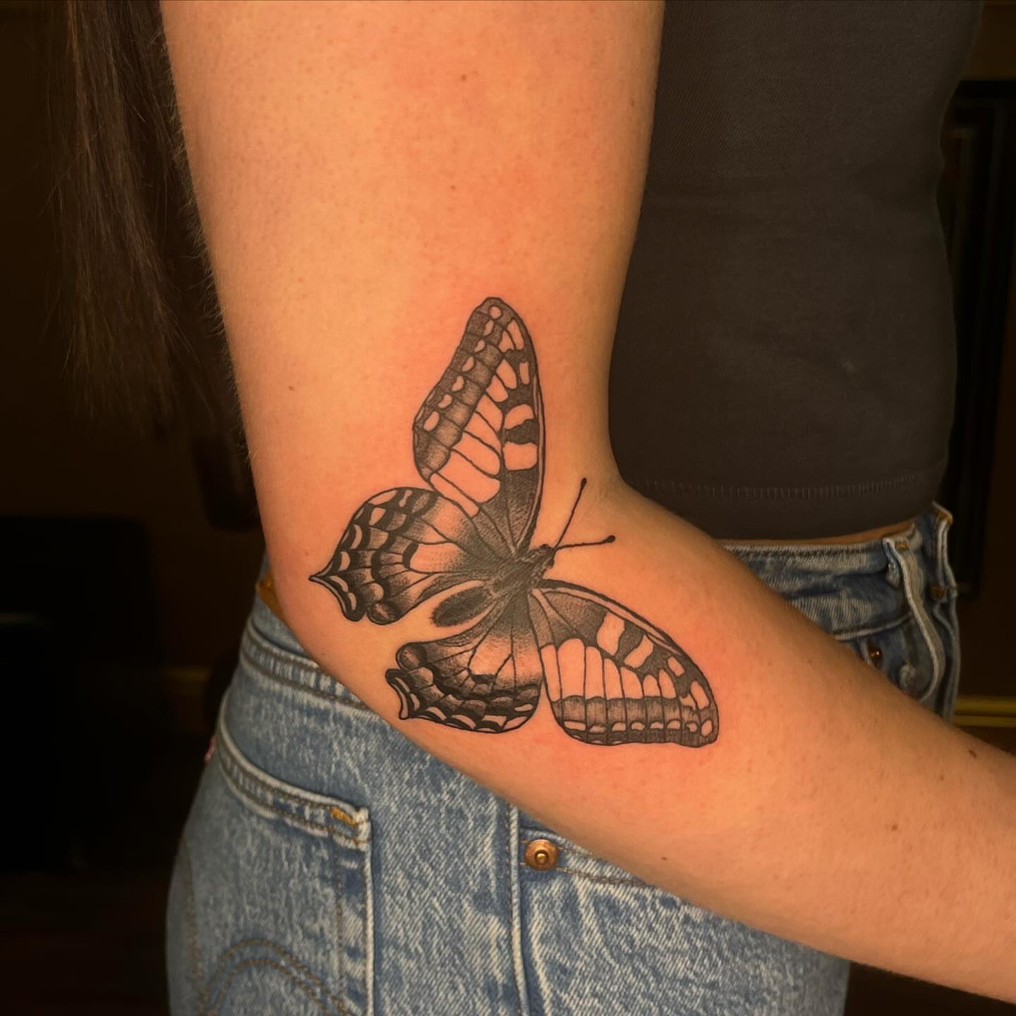 Butterfly black and grey tattoo on the forearm by ˖.𖥔 ݁˖anna hoffman˖ ⊹ ࣪ ˖, Salt Lake City, Utah