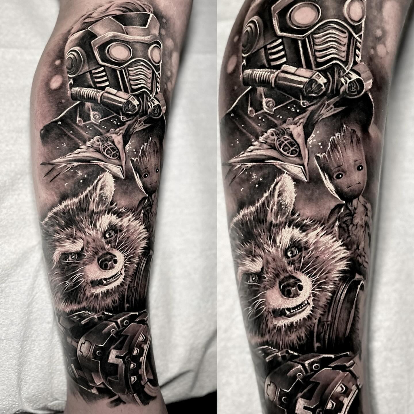 Guardians of the Galaxy characters realism tattoo on the forearm by Gabe Jensen