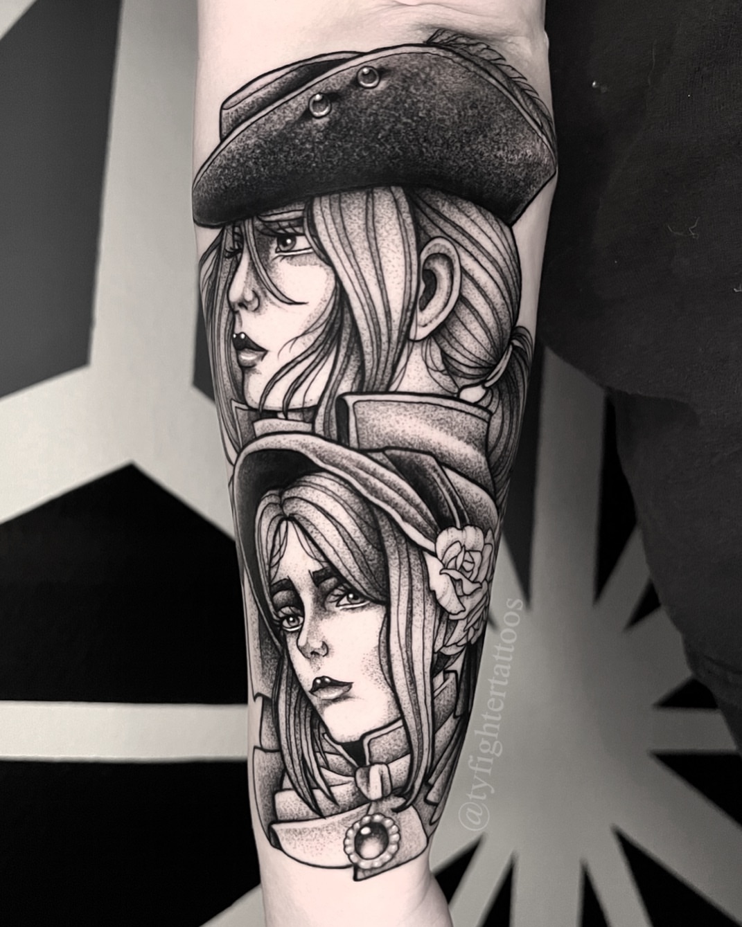 Woman with beret realism tattoo on the forearm by Ty engler, Northglenn, Colorado
