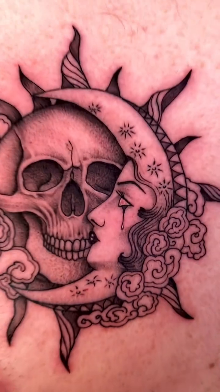 Skull and moon dark realism tattoo by Luis Marrufo