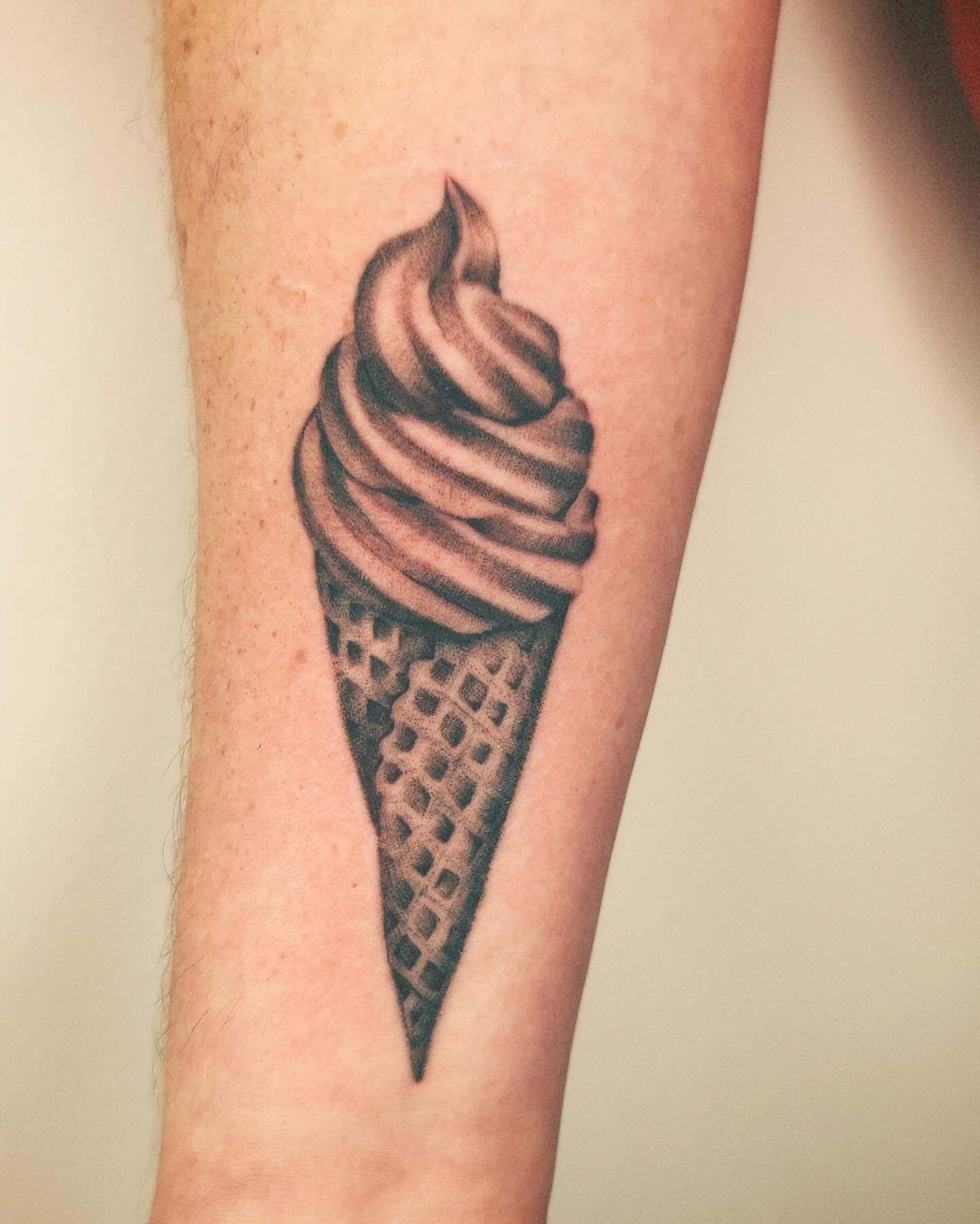 Ice cream cone black and grey tattoo on the forearm by ⊹ ࣪ ₊✩‧₊˚ 𝖘 𝖙 𝖊 𝖕 𝖍 𝖆 𝖓 𝖎 𝖊 ˚₊‧✩₊ ࣪ ⊹