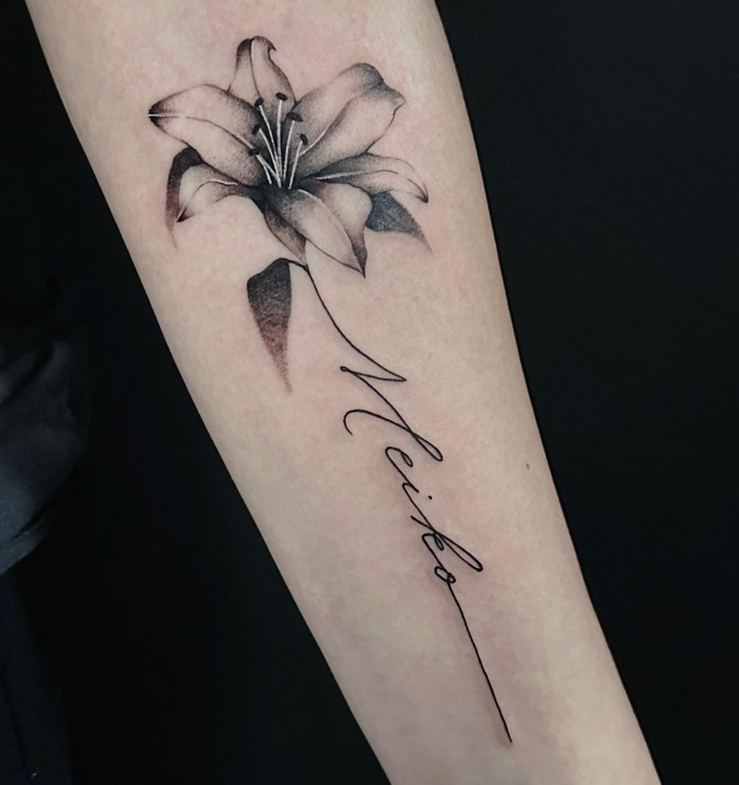 Lily black and grey tattoo on the forearm by Kelsey Zussman
