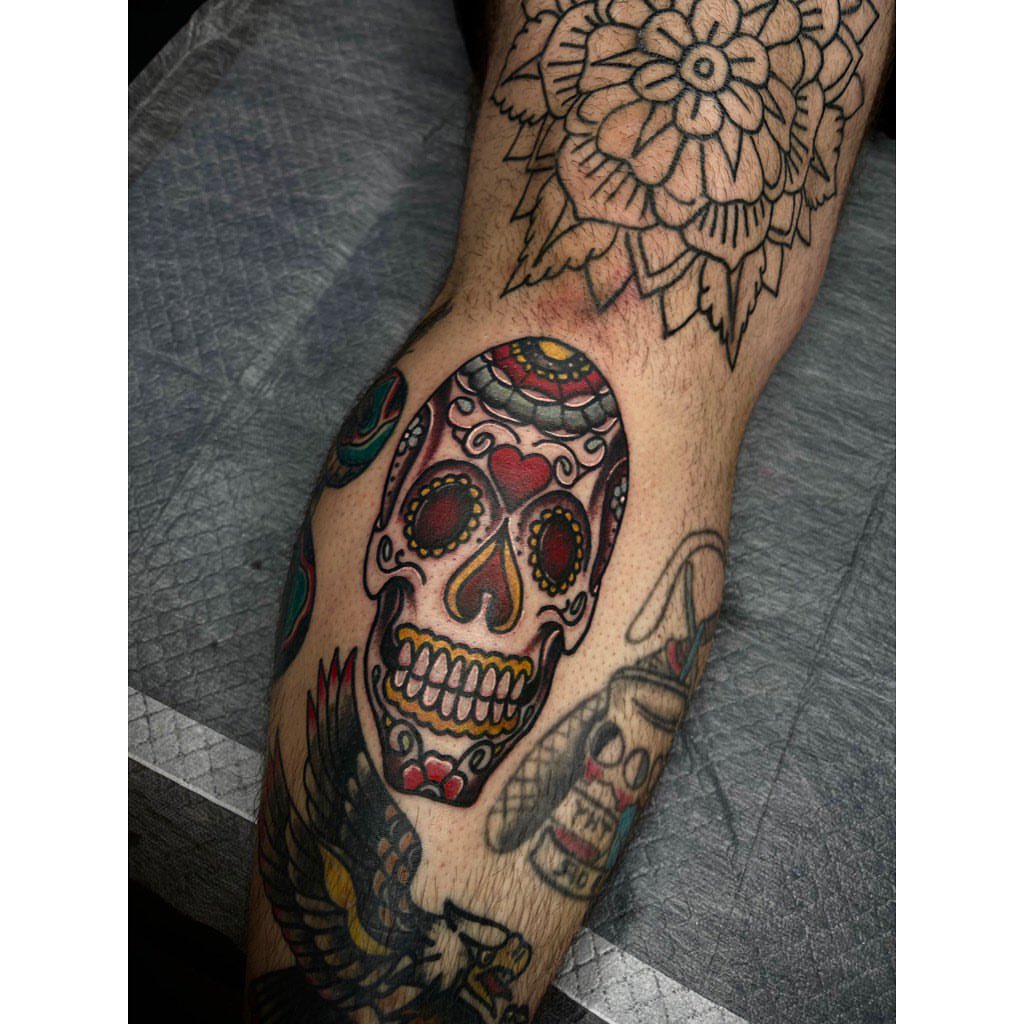 Sugar skull American traditional tattoo on the forearm by Jelly