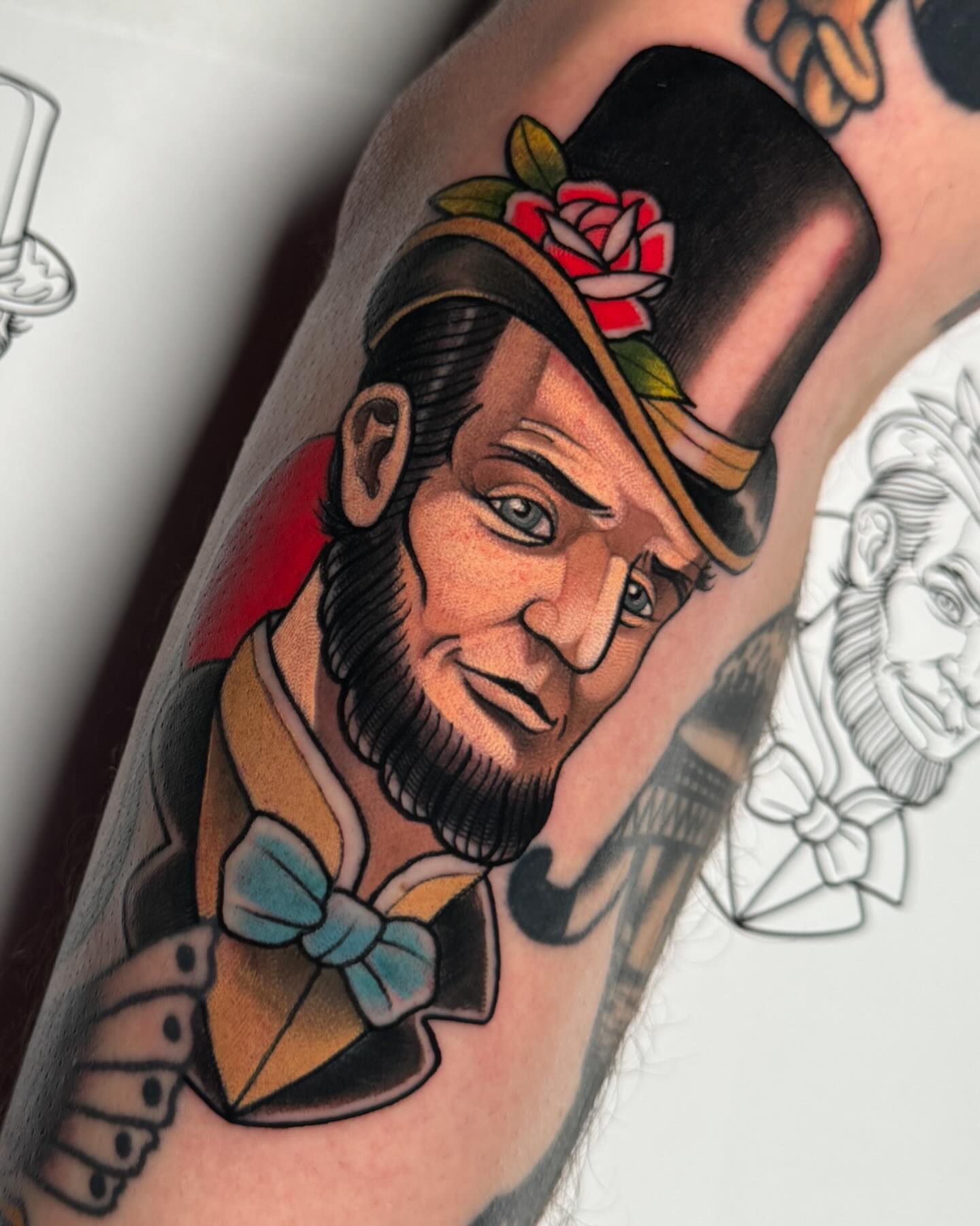 Portrait of man American traditional tattoo on the forearm by James Boag