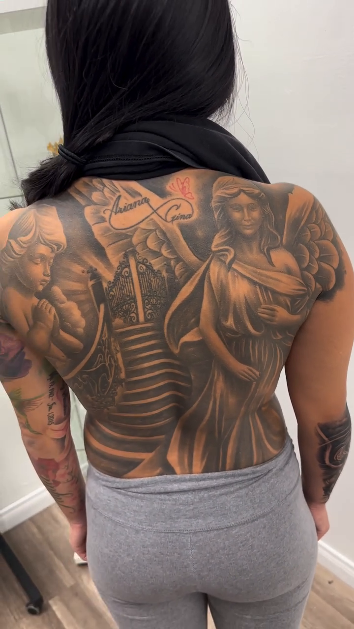 Angels and staircase realism tattoo by Joshua ramirez, Montebello, California