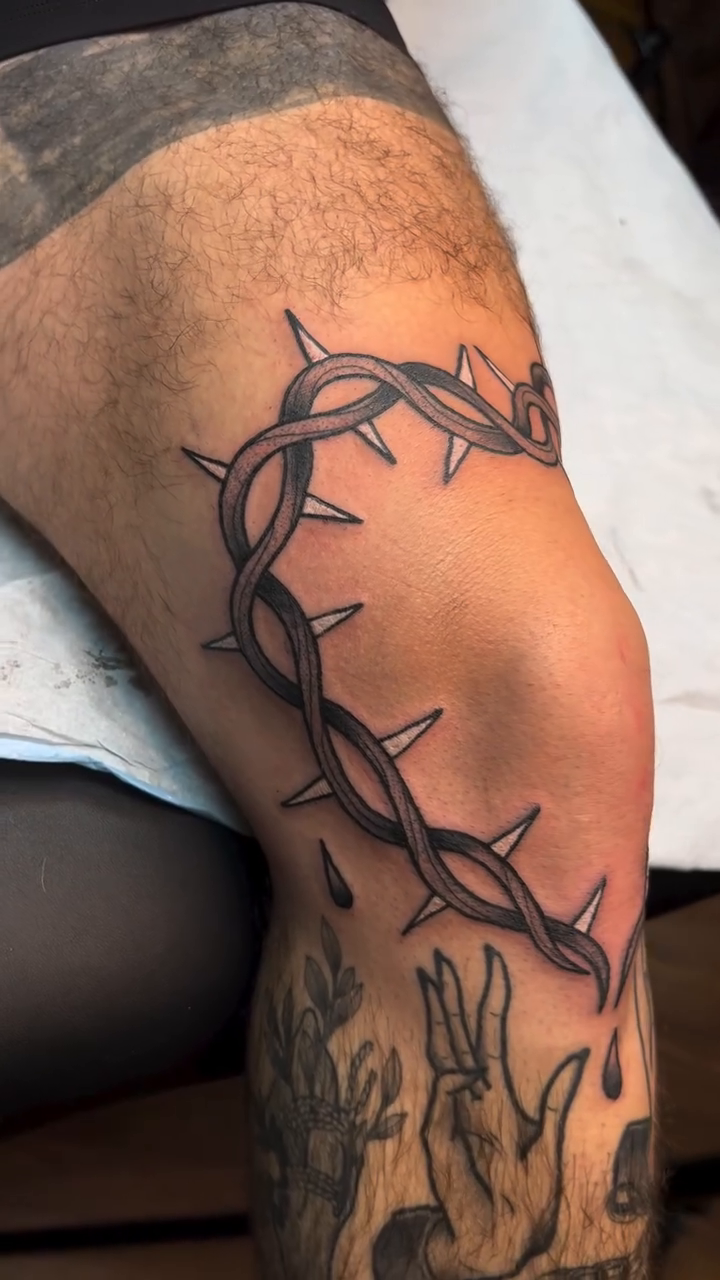 Crown of thorns with blood drops realism tattoo by Daniel Patrick