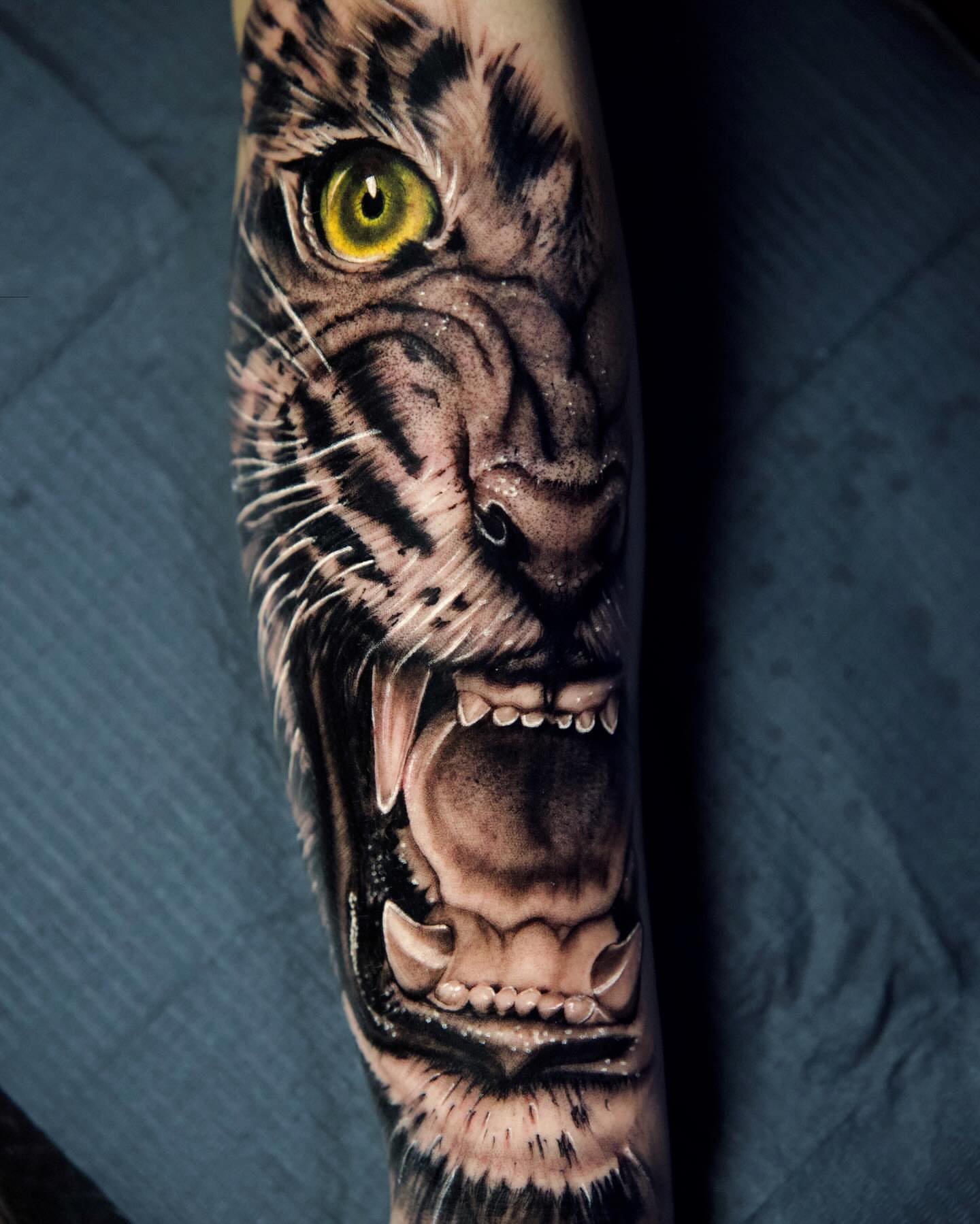 Roaring tiger realism tattoo on the forearm by Alejo Ibanez Tattoo