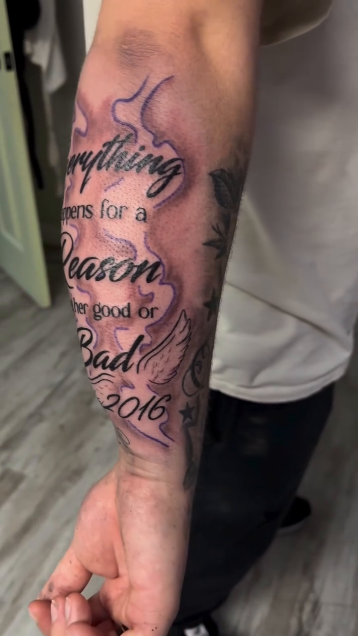 Script tattoo on forearm lettering tattoo on the forearm by Luis Cabrera, Cleveland, Ohio