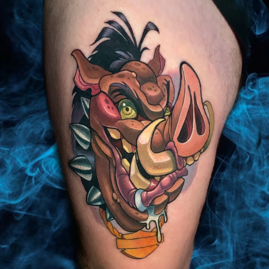 Pig American traditional tattoo on the thigh by Joshua L Wilson, Dayton, Ohio