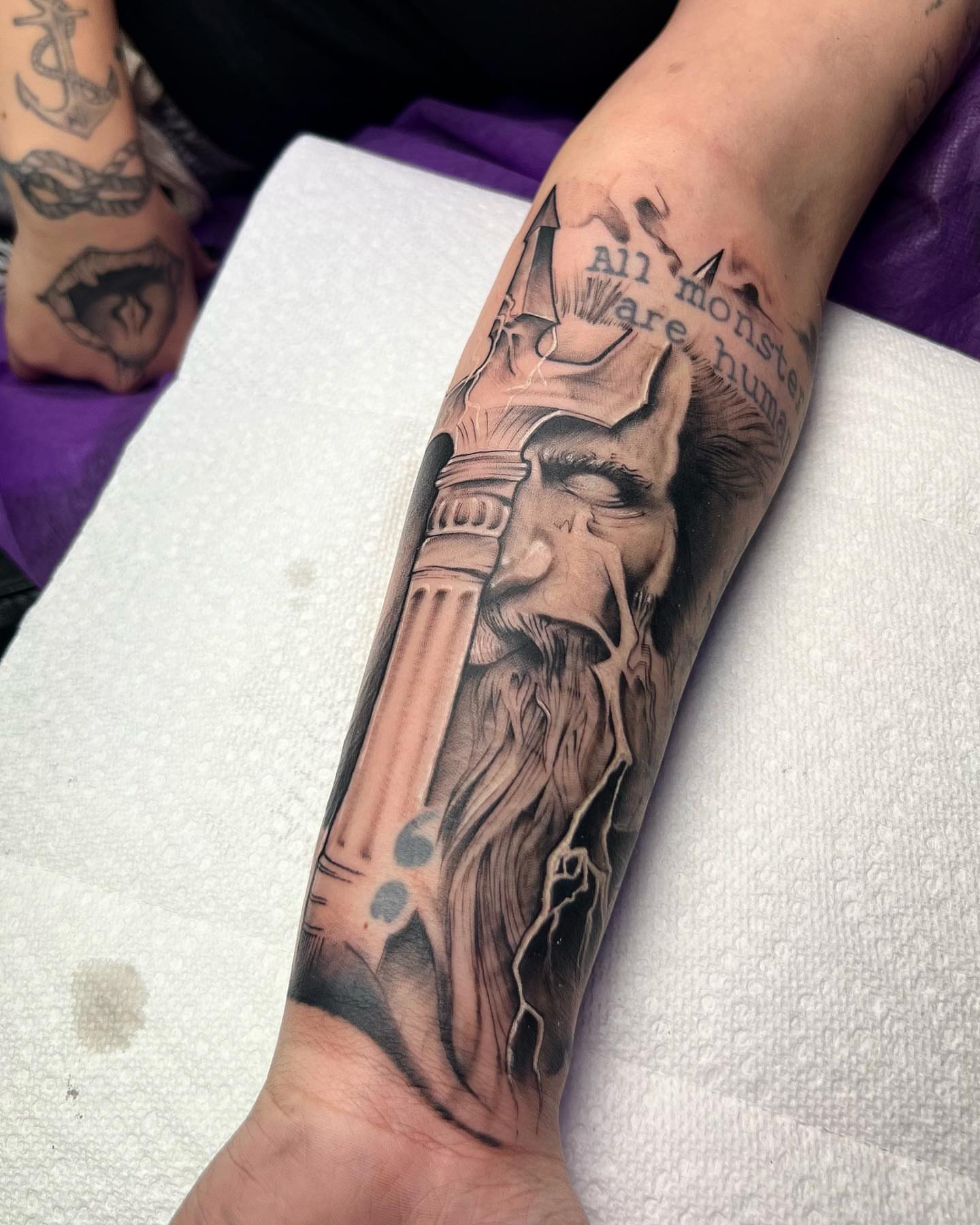 Bearded man with staff realism tattoo on the forearm by Denis Morello de Castro, South River, New Jersey
