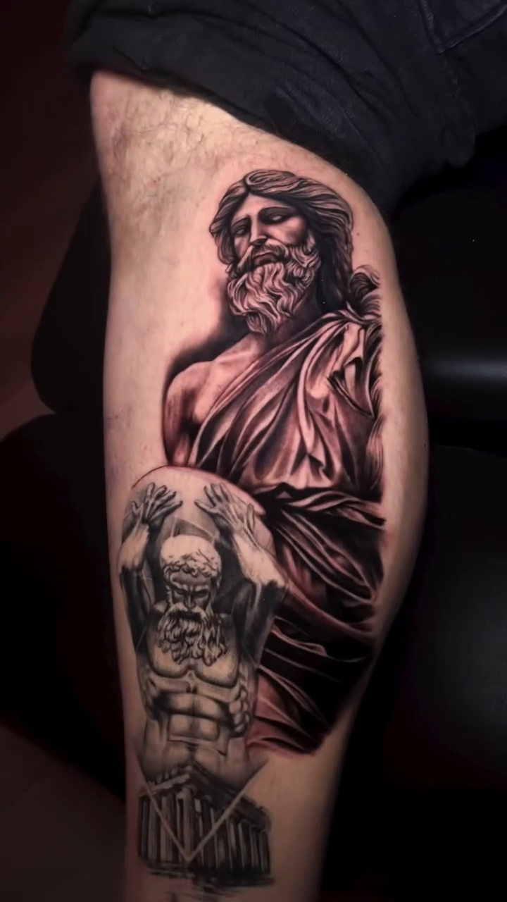 Zeus holding Atlas realism tattoo by Mariella Elizabeth Paul ππ€
