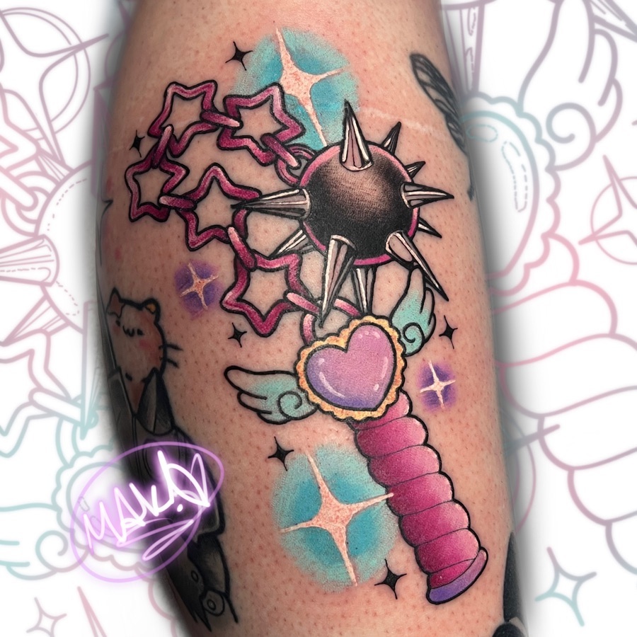 Spiked heart with stars new school tattoo on the forearm by ♡𝕄𝕒𝕜𝕒𝕪𝕝𝕒♡, Colorado Springs, Colorado