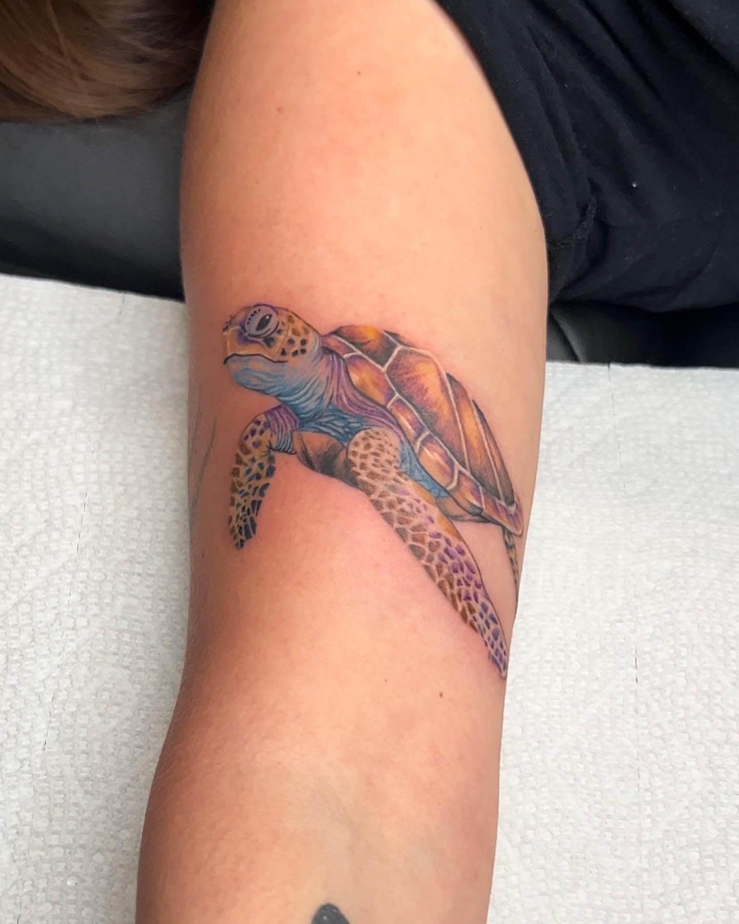 Sea turtle realism tattoo on the forearm by Tiffany Bauer