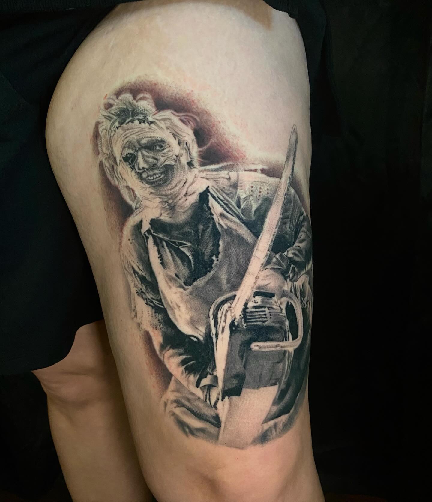 Chainsaw killer realism tattoo on the thigh by D Benzo ~ San Diego Tattoo artist ~