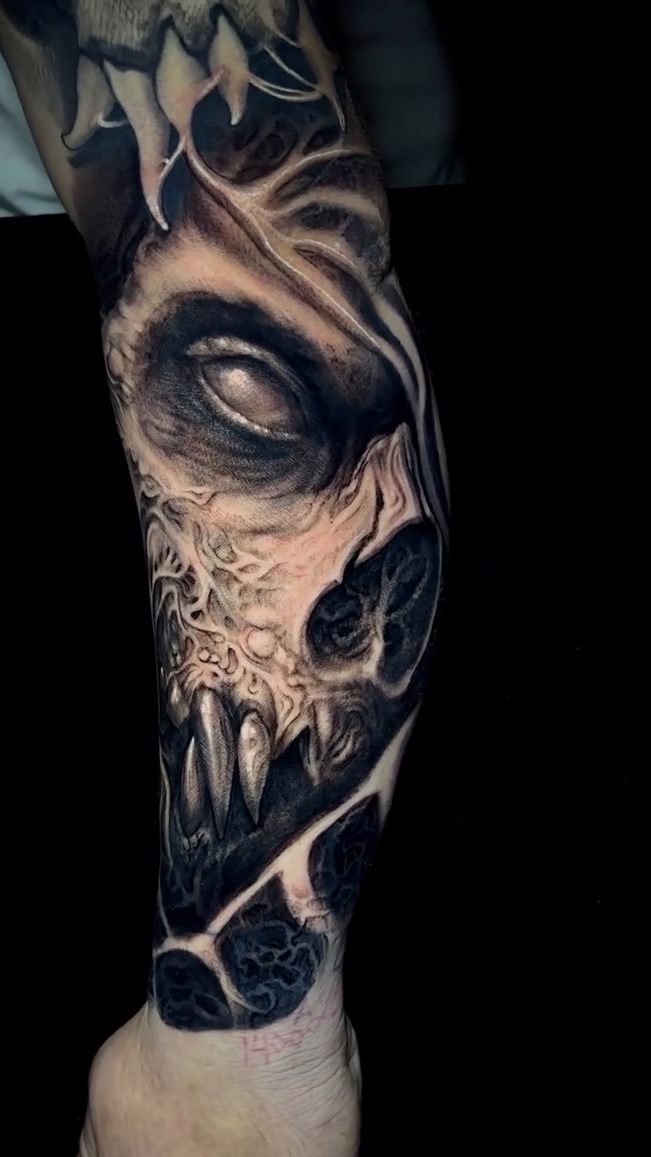 Tattoo by @aaronmtattoos — dark_realism, black_and_grey