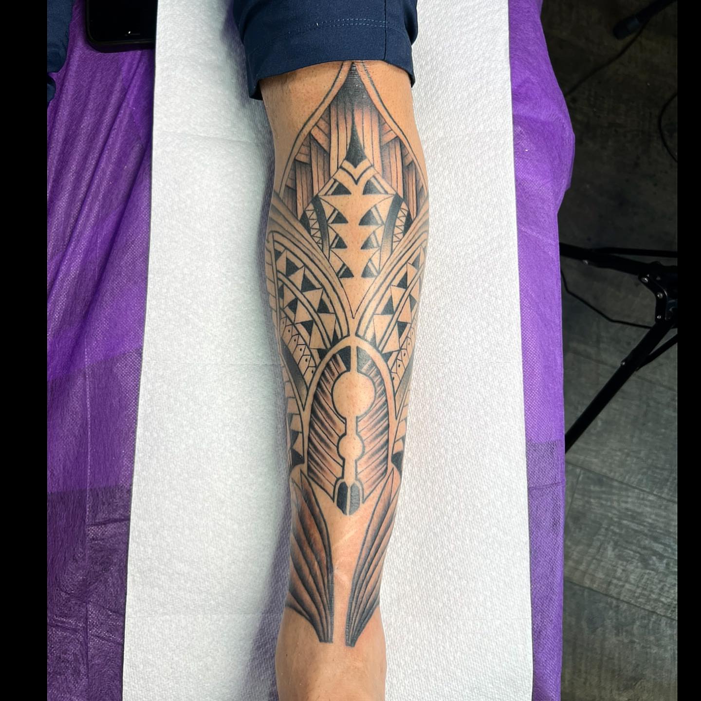 Geometric pattern geometric tattoo on the calf by Denis Morello de Castro, South River, New Jersey
