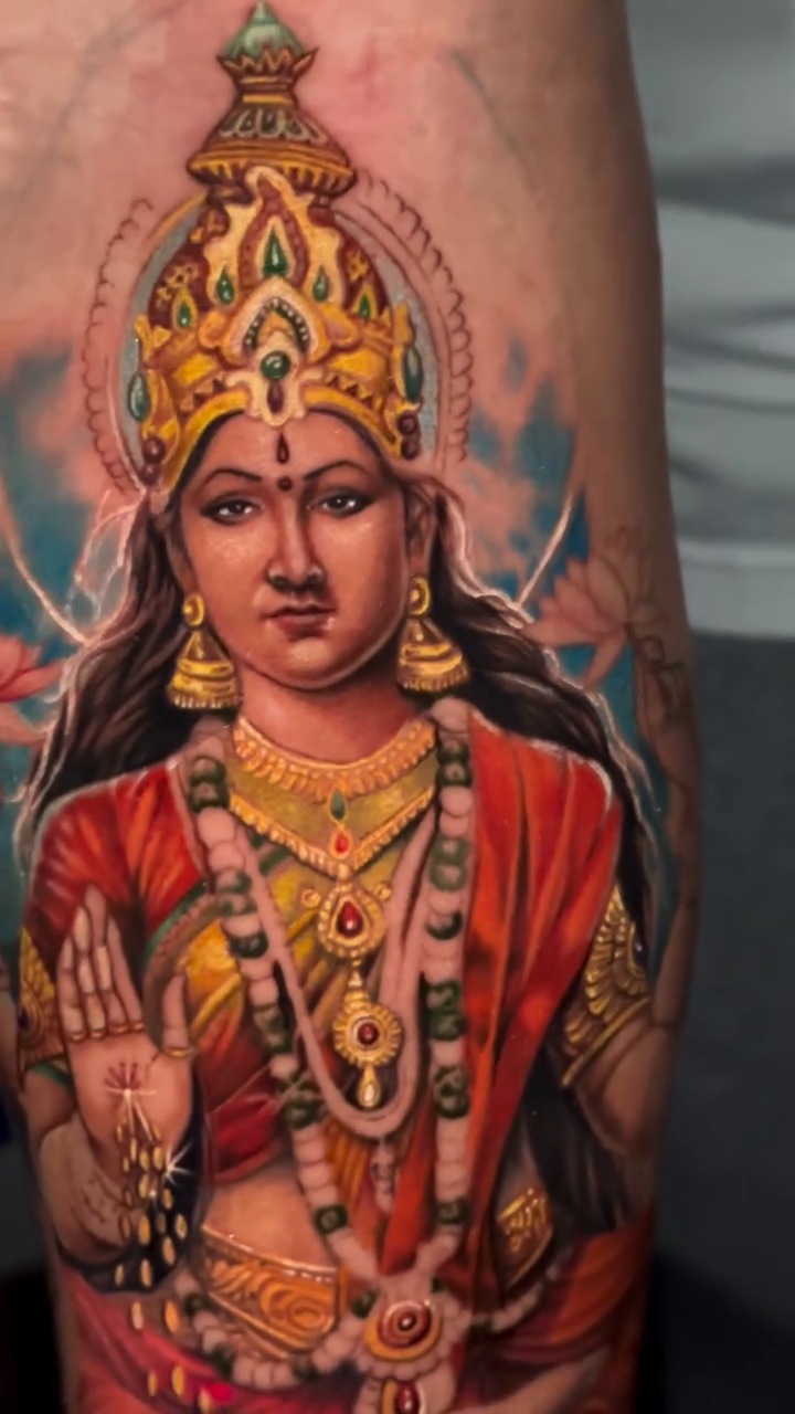Goddess Lakshmi realism tattoo by James Moyer