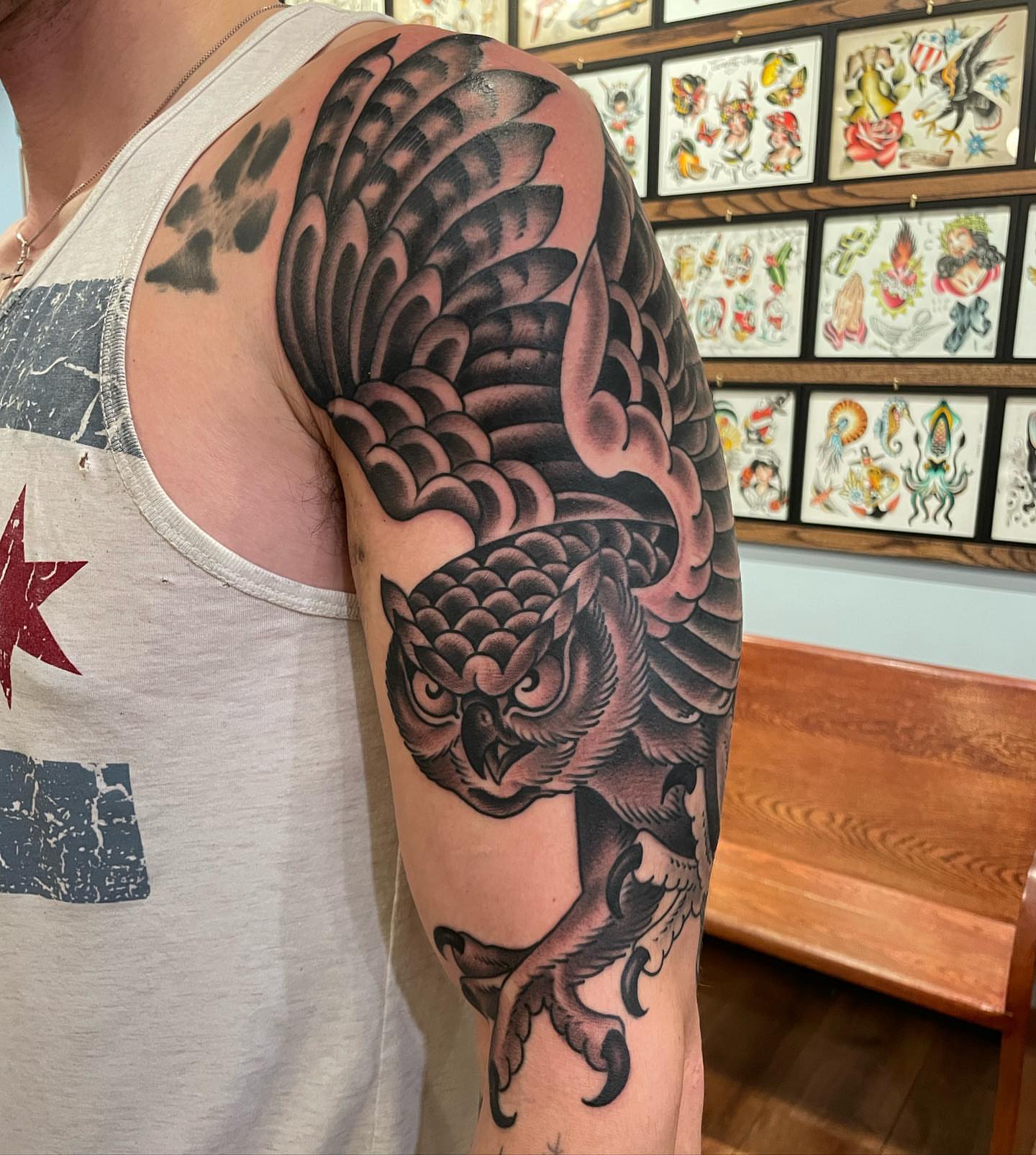 Owl American traditional tattoo on the upper arm by Grandma Approved, Chicago, Illinois