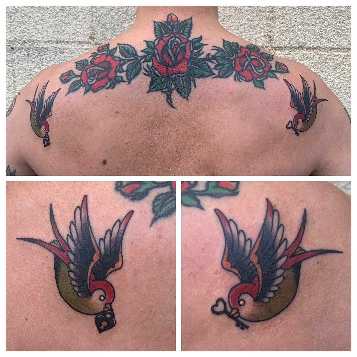 Birds and roses American traditional tattoo on the back by ✞ Keath Supsic ✞