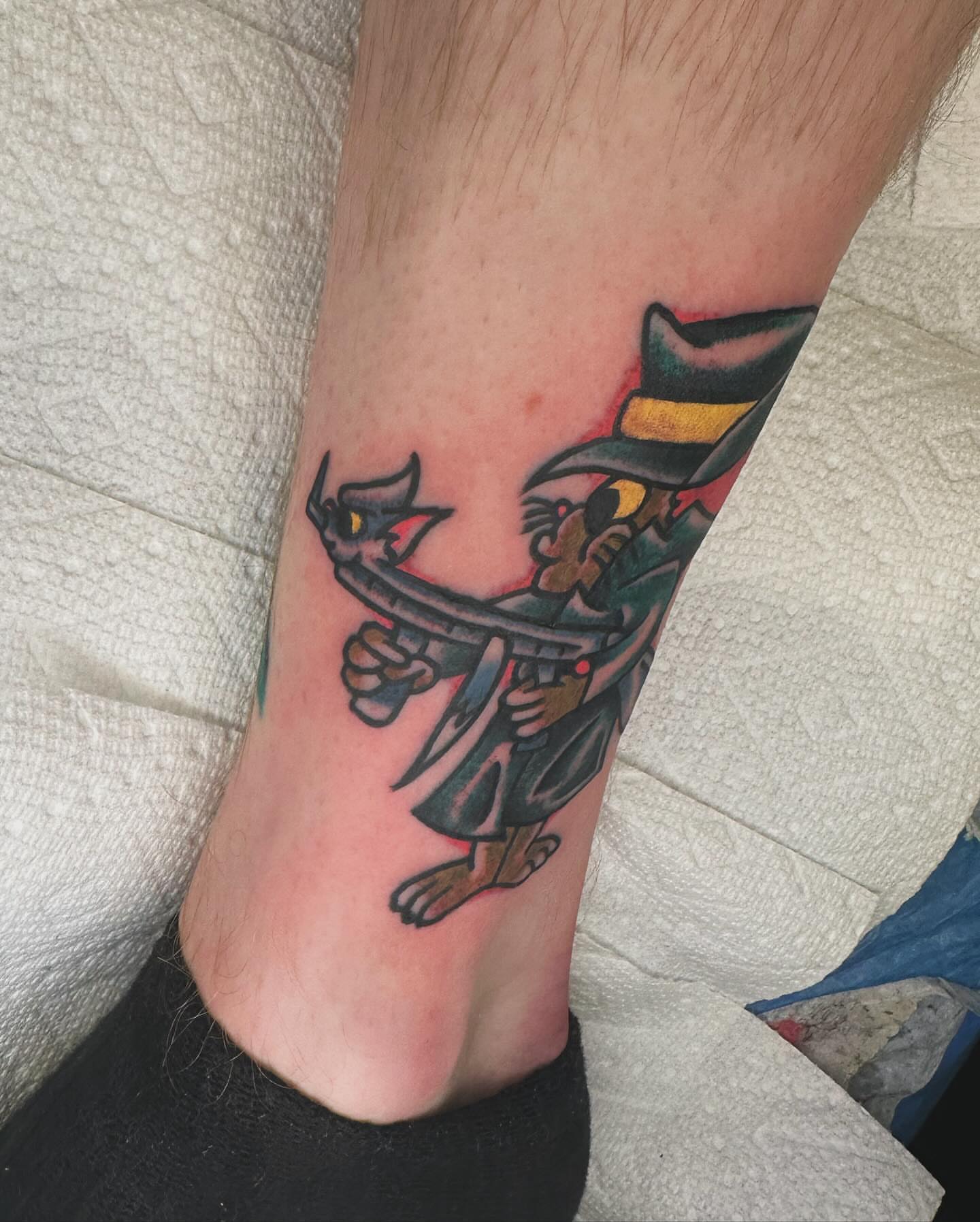 Cat with hat American traditional tattoo on the forearm by Kyle O’Hara ॐ, Nashville, Tennessee