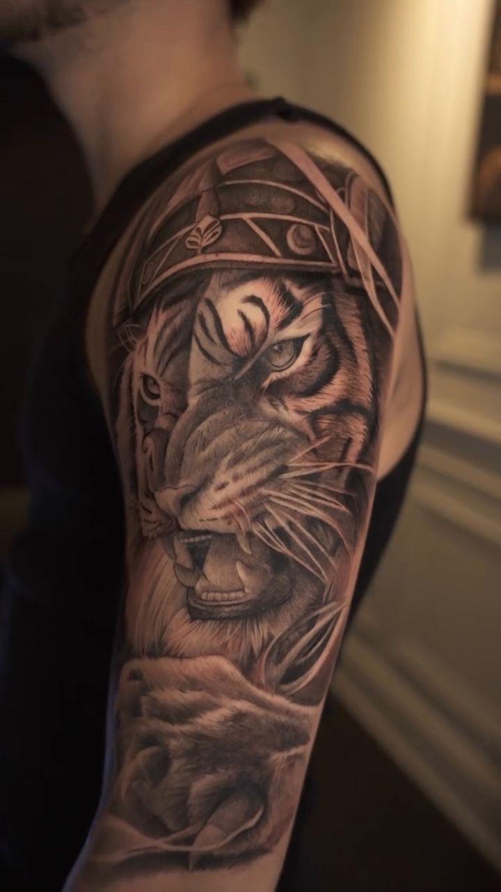 Tiger head with armor realism tattoo by Risa