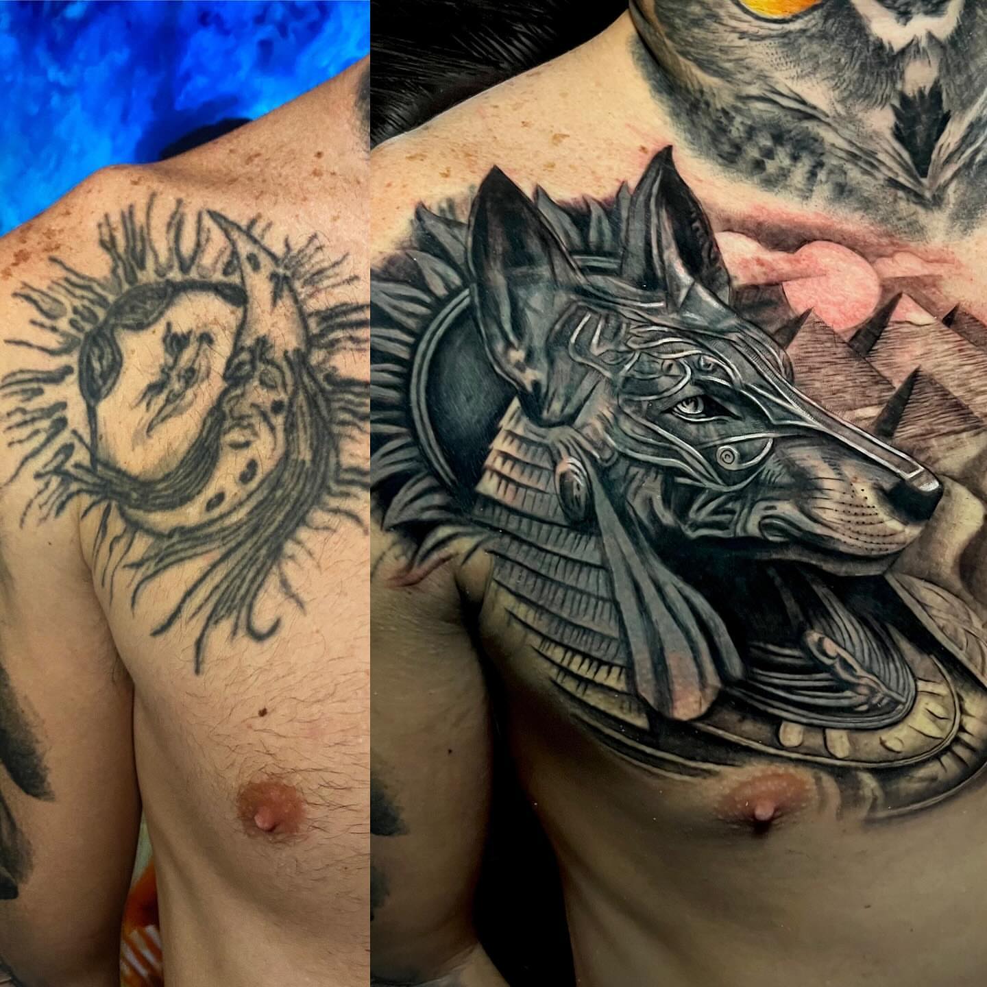 Wolf head realism tattoo on the chest by Morgan Andres Soto