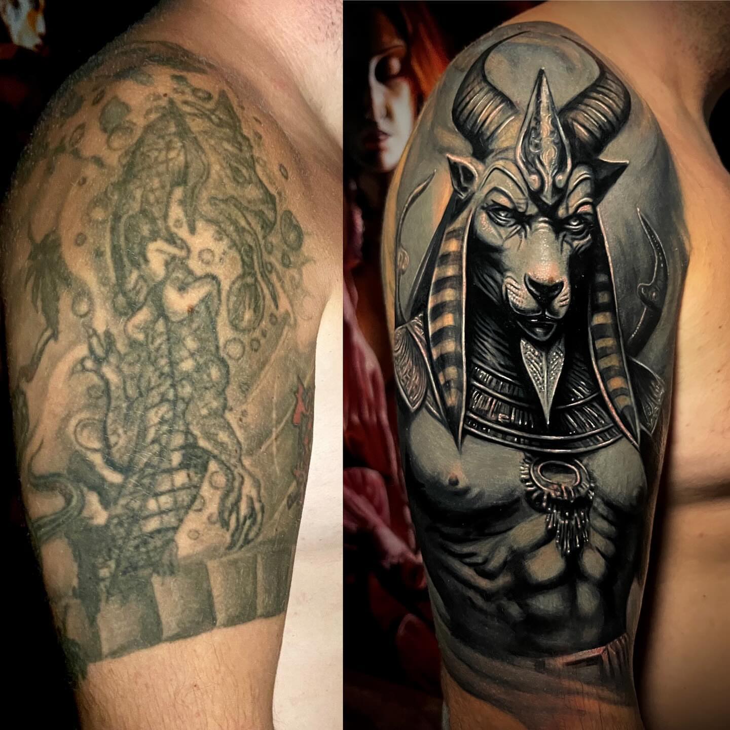 Goat-headed deity realism tattoo on the chest by Morgan Andres Soto