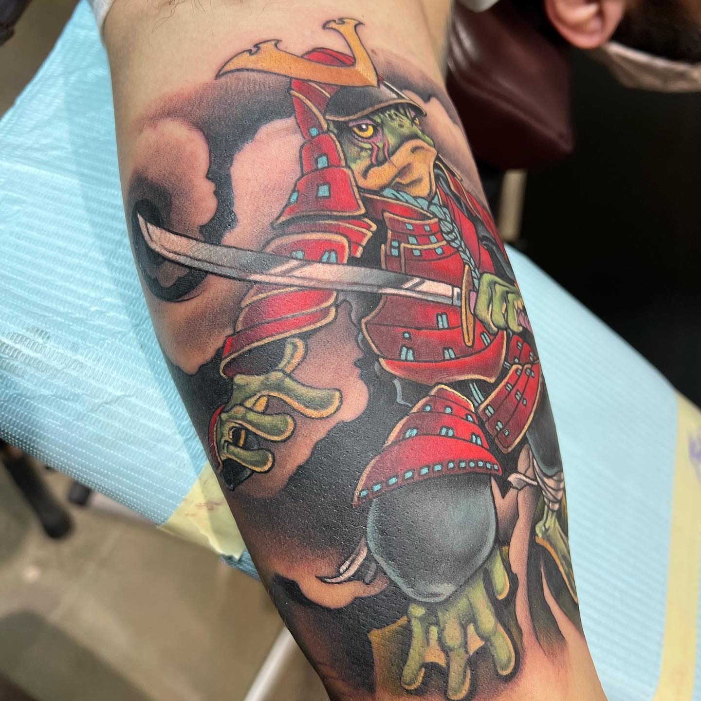 Bird samurai japanese irezumi tattoo on the forearm by Walter Frank