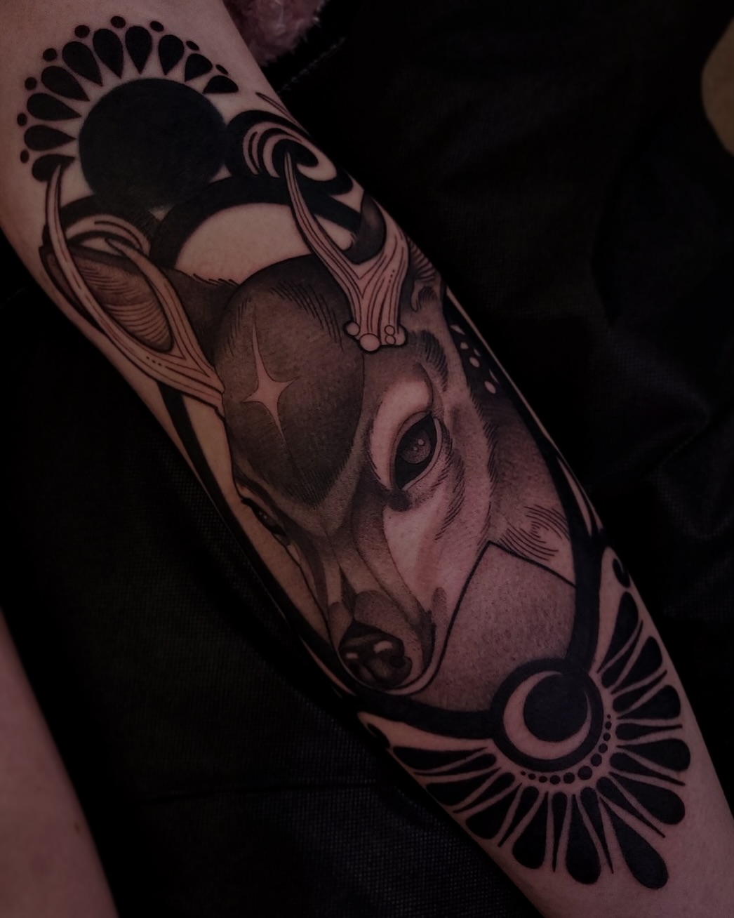 Deer head realism tattoo on the forearm by Natasha Dickinson