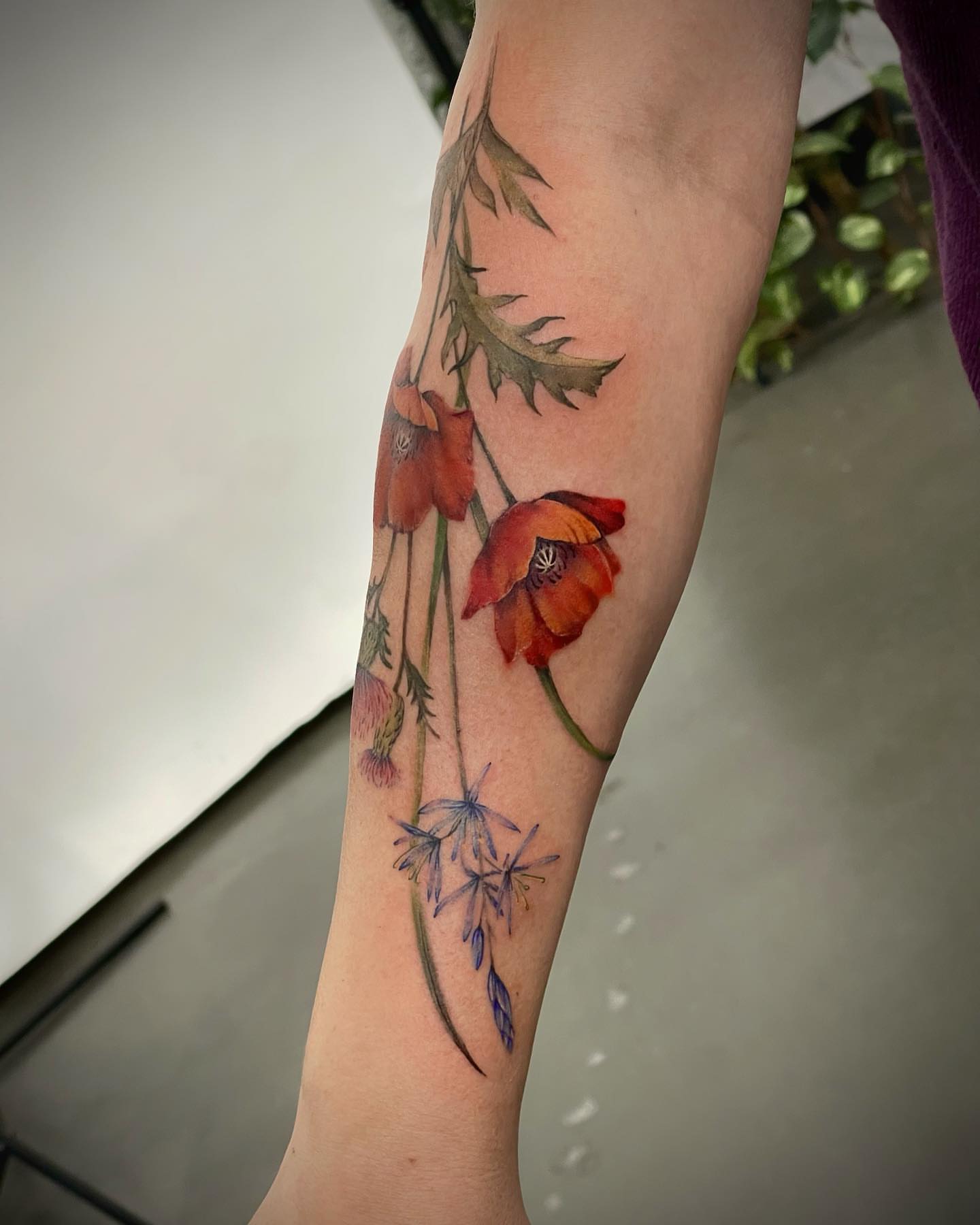 Flowers realism tattoo on the forearm by Seattle Tattoo Artist PingPing, Seattle, Washington