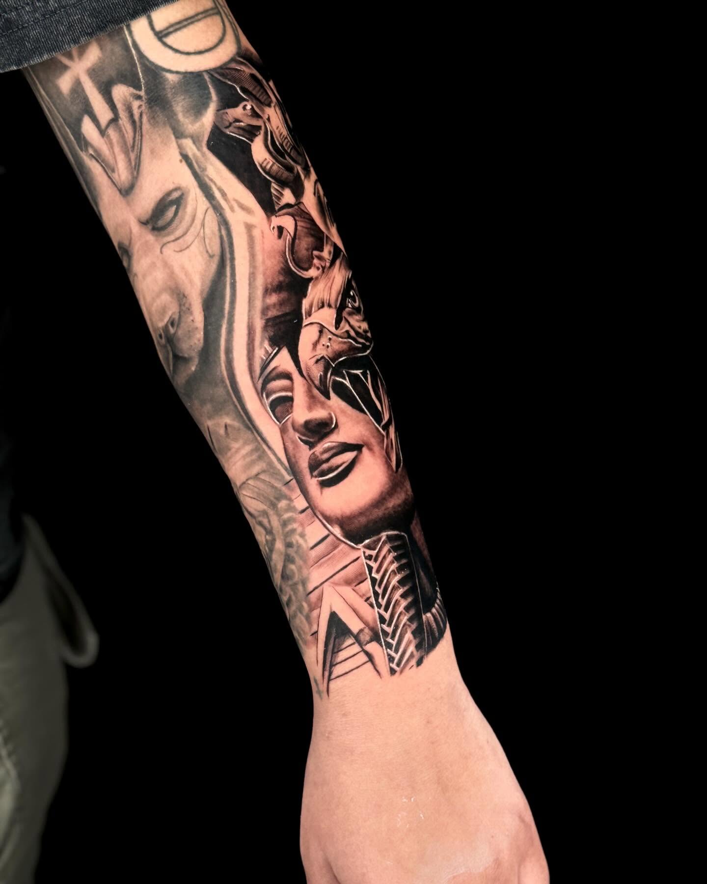 Woman's face realism tattoo on the forearm by Anthony Macias