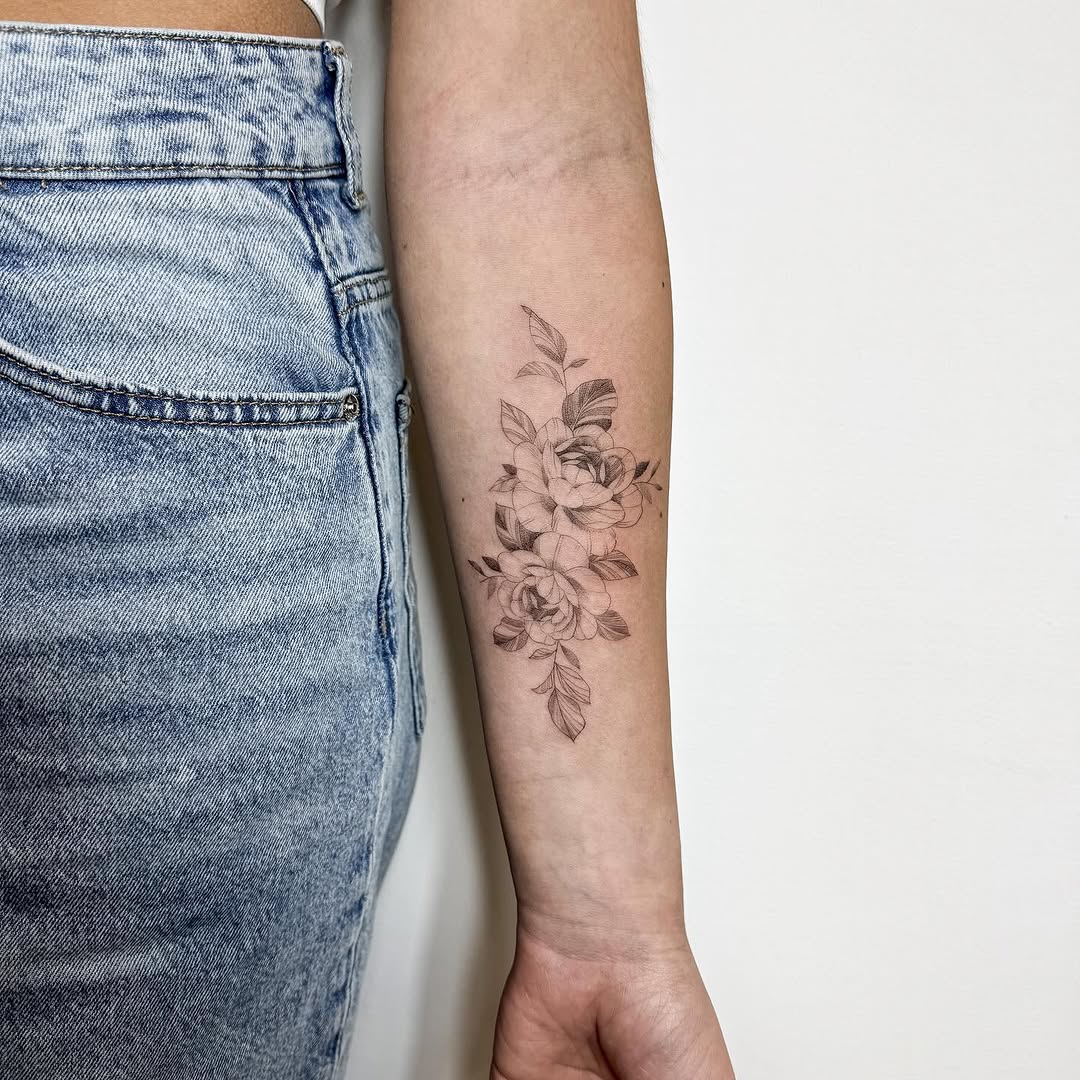 Floral arrangement fine line tattoo on the forearm by INK by CEE
