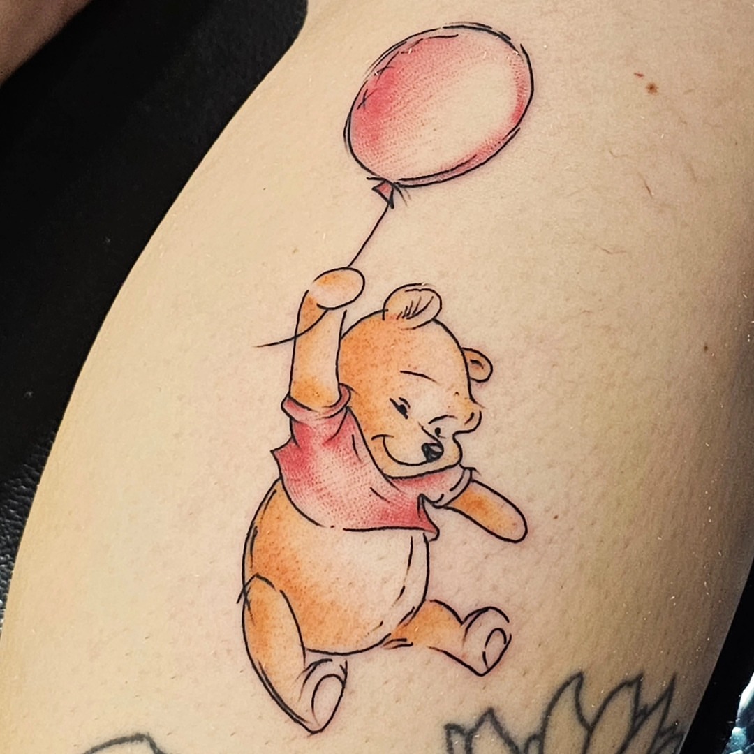 Winnie the Pooh dotwork tattoo on the thigh by BZ Artistry