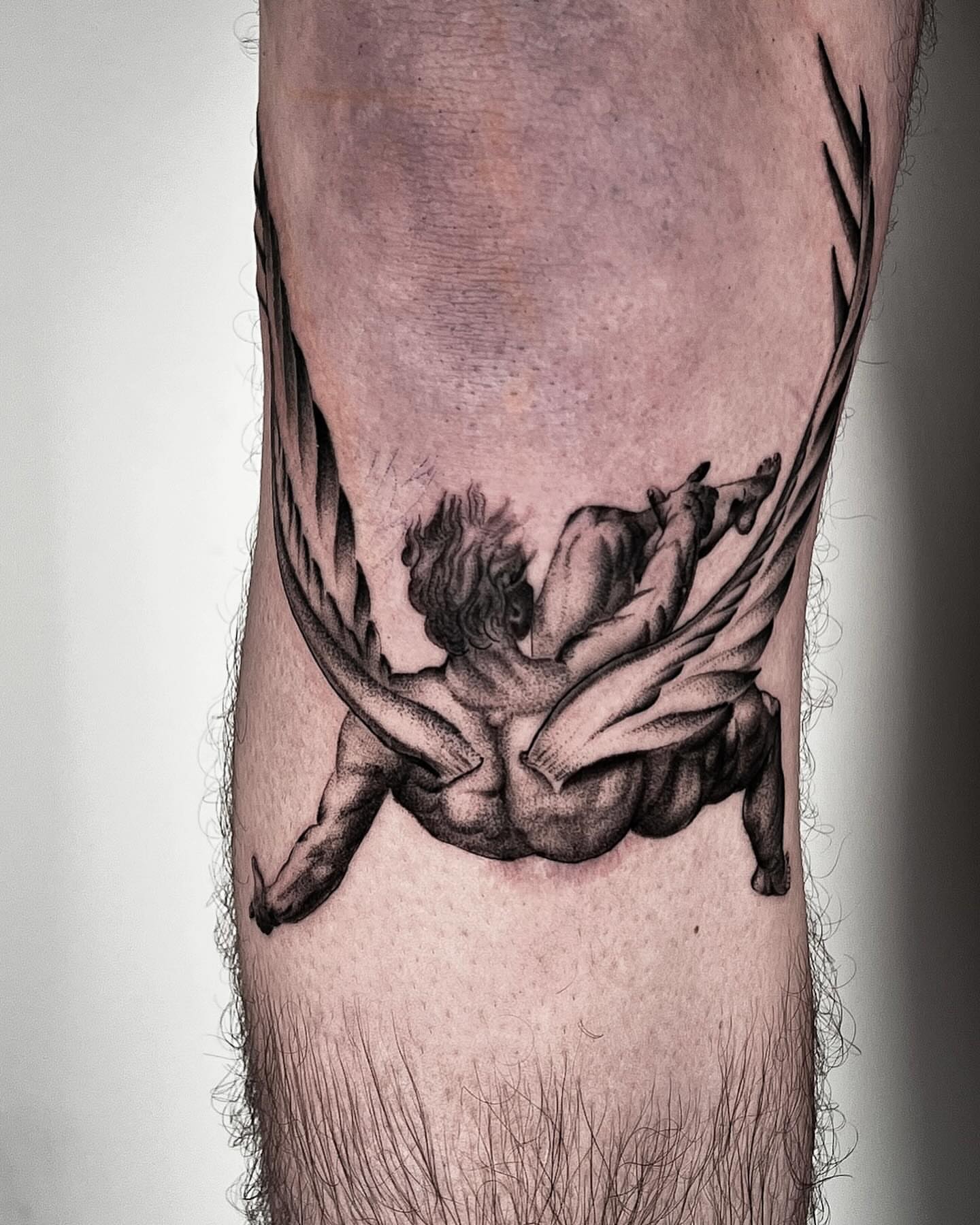 Winged creature realism tattoo on the forearm by Douglas Santos