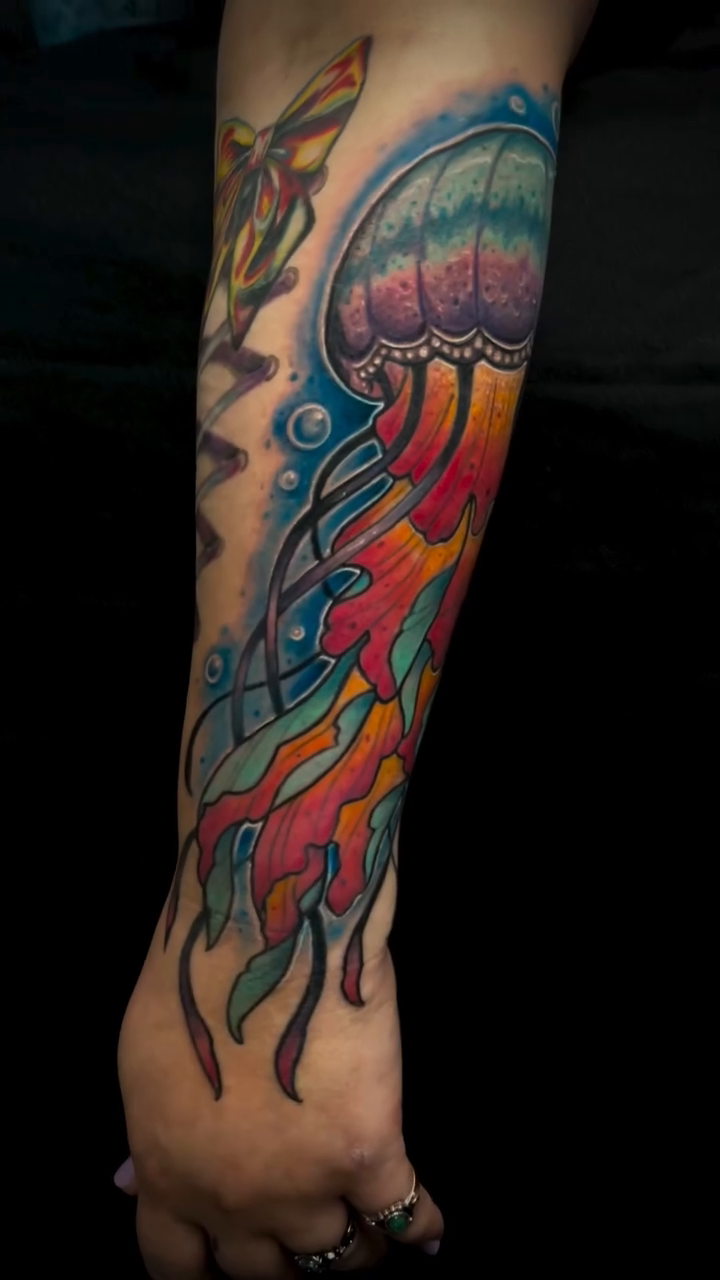 Jellyfish new school tattoo by Greg West Sac tattoo artist, West Sacramento, California