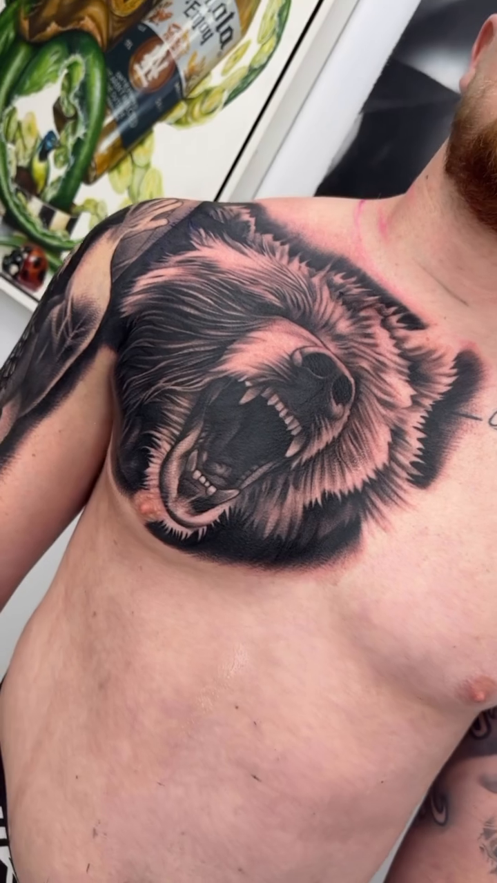 Bear head realism tattoo by Joseph Alvarado