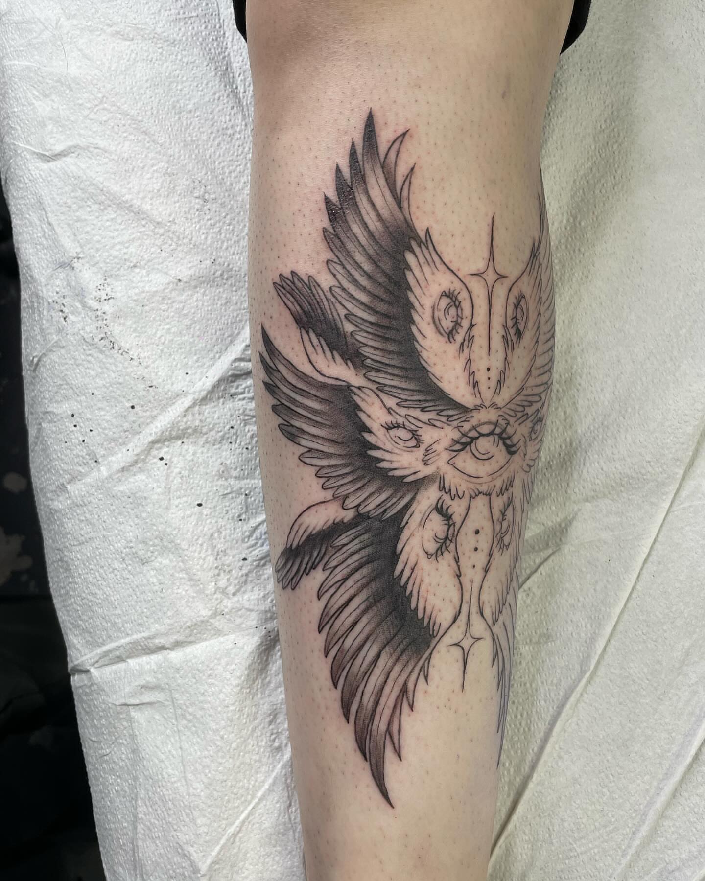 Phoenix dotwork tattoo on the forearm by Kathryn the Tooth Collector