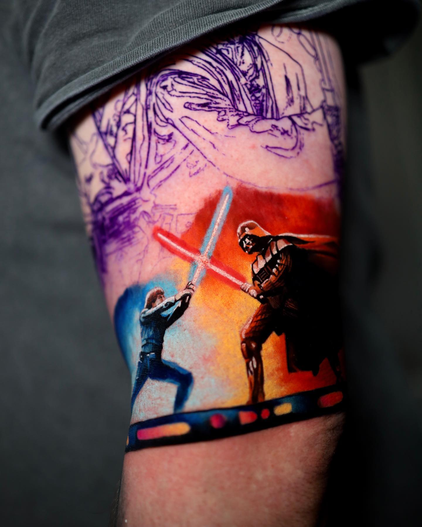 Lightsaber duel realism tattoo on the forearm by Gabriel Varelas, Phoenix, Arizona