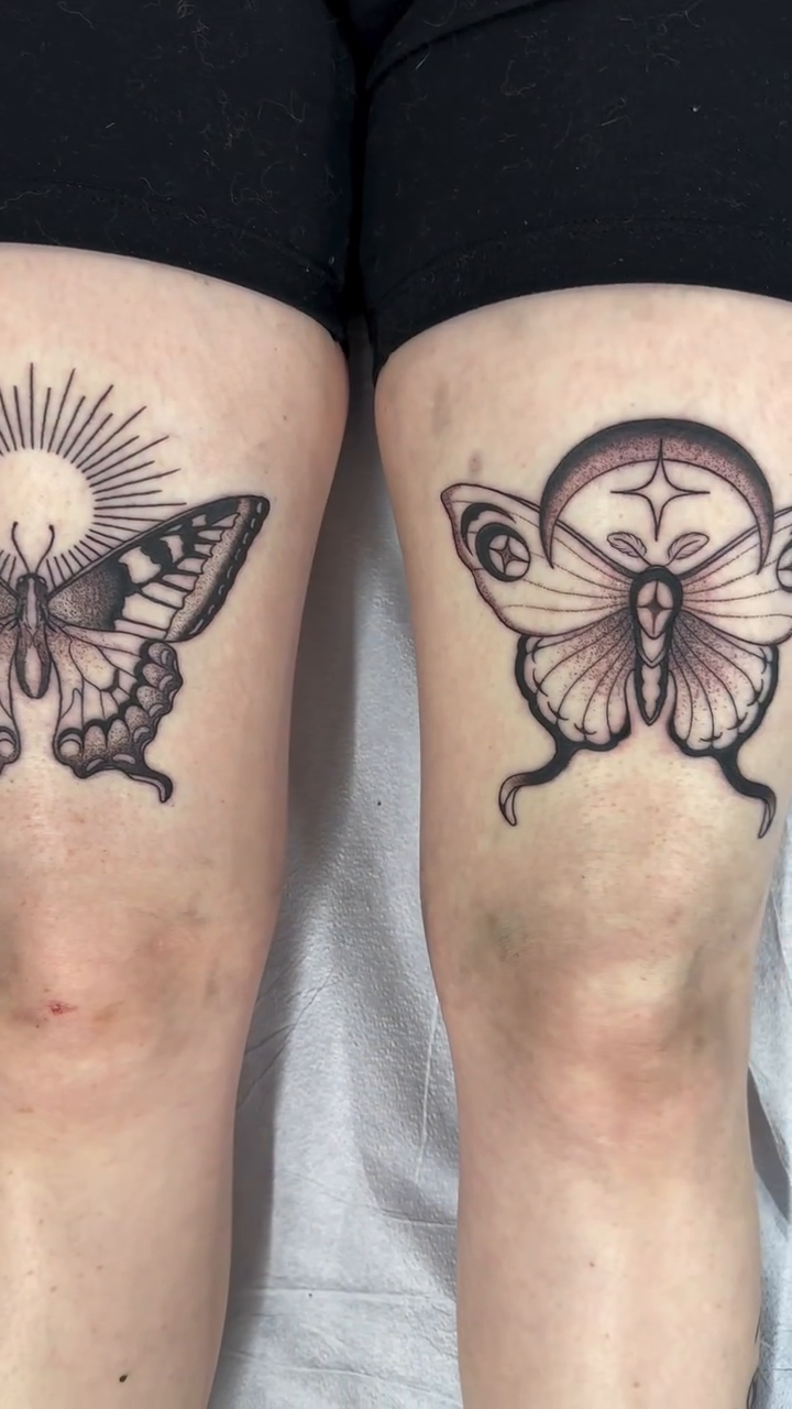 Butterfly with sun and moon ornamental tattoo by Sierra Hiddleson- Phoenix Arizona Tattoo