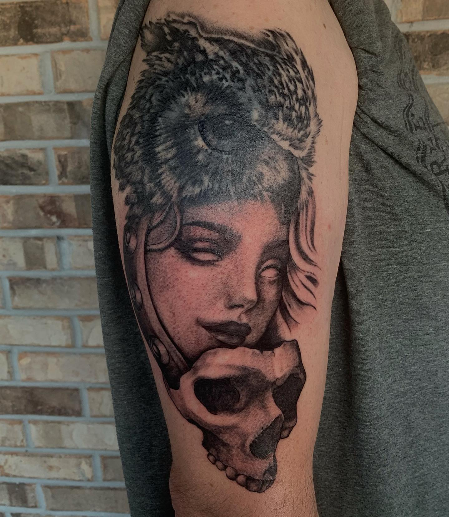 Woman with skull realism tattoo on the forearm by Storm