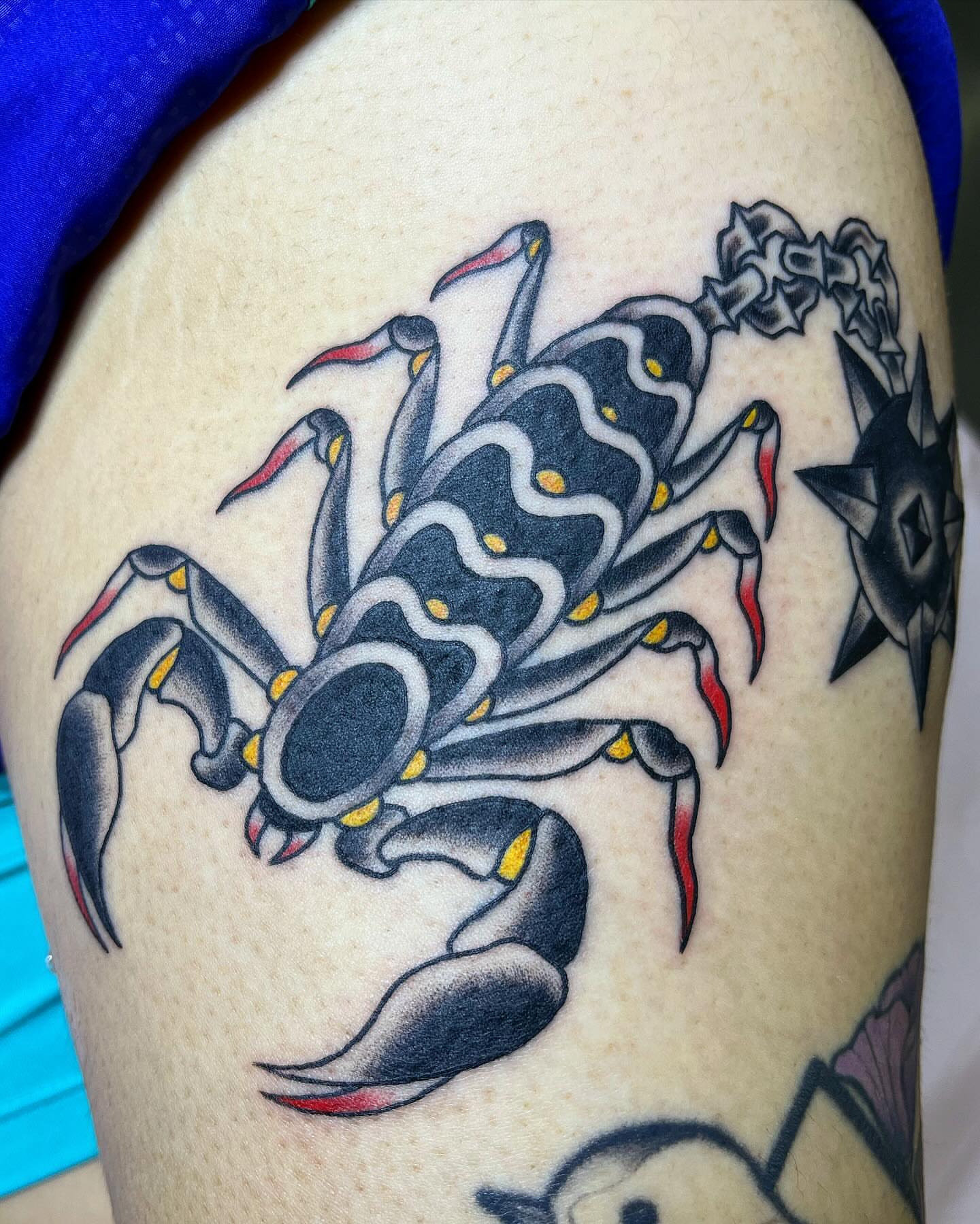 Scorpion American traditional tattoo on the thigh by Pedroux M.