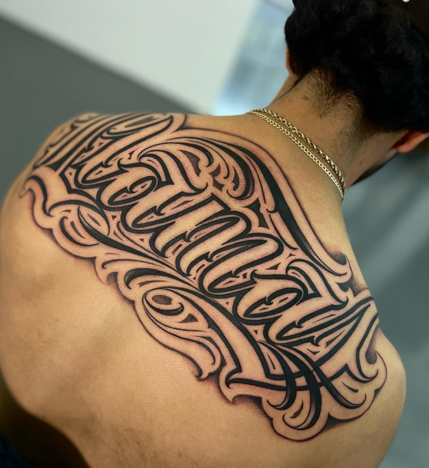Script lettering lettering script tattoo on the shoulder by Aleckzi Ramos