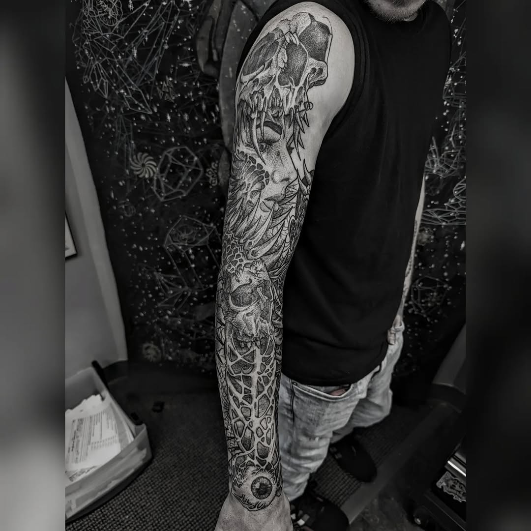 Tattoo by @worleytattoos — black_and_grey, dotwork