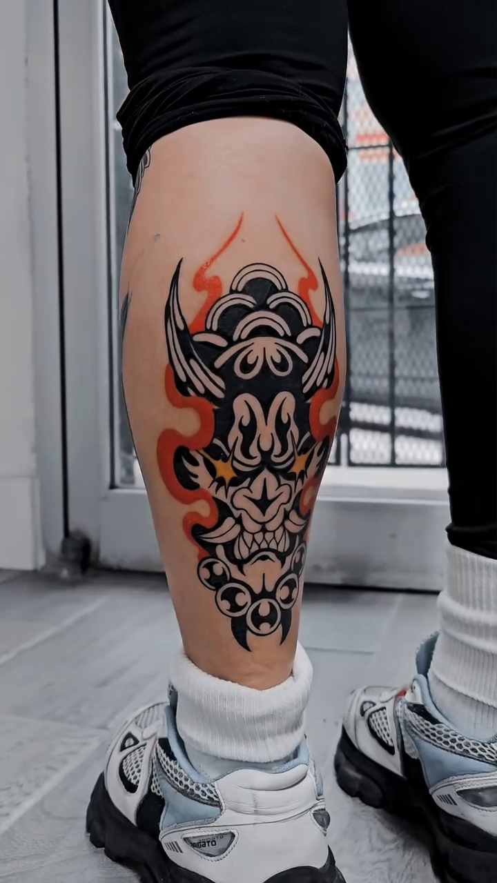 Oni mask with flames japanese irezumi tattoo by Jeremy "Jerms" Camposanto