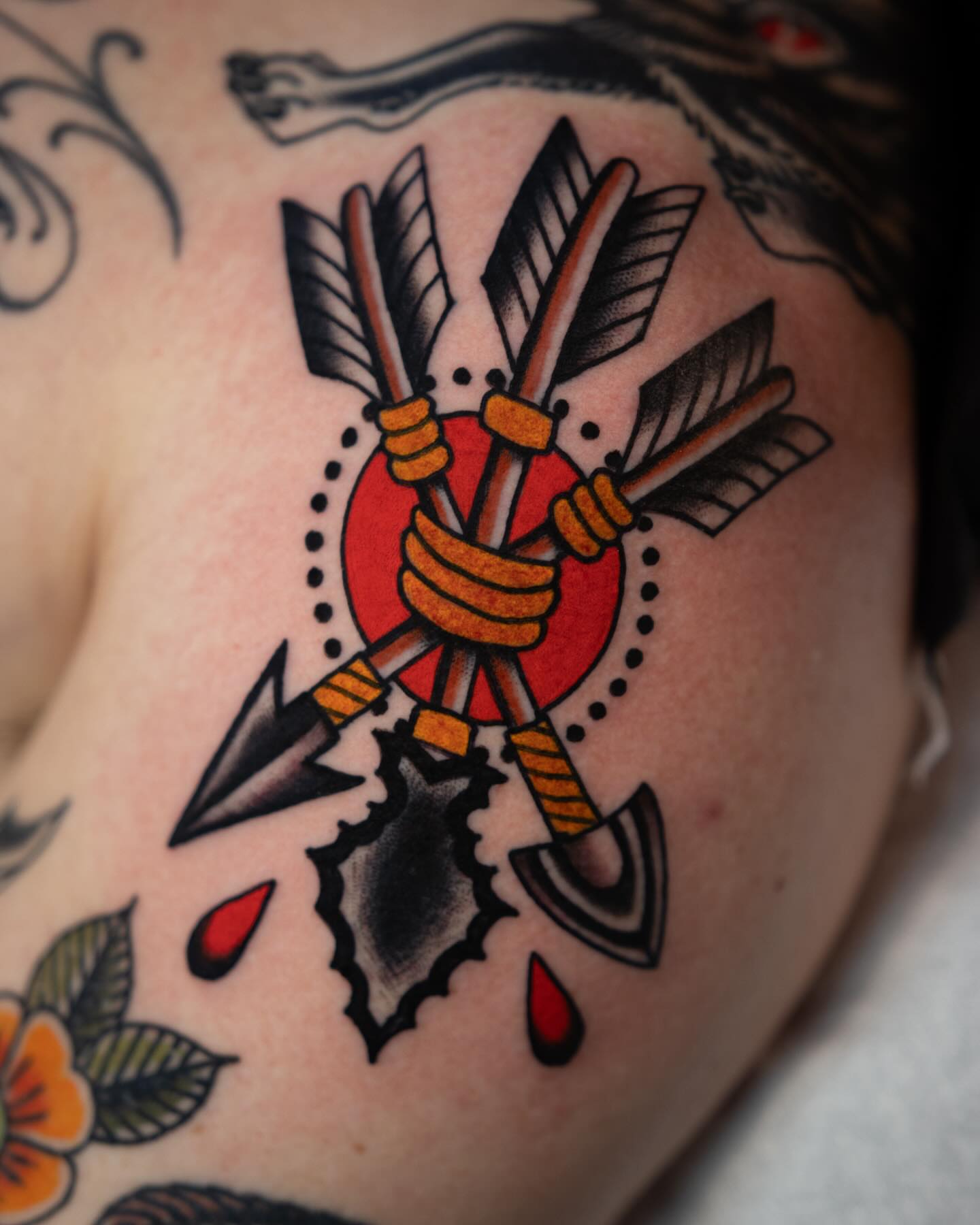 Arrows American traditional tattoo on the shoulder by Danny Derrick, San Luis Obispo, California