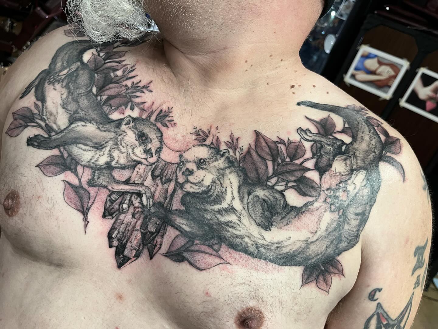 Mountain lion and foliage realism tattoo on the chest by Sarah Spread